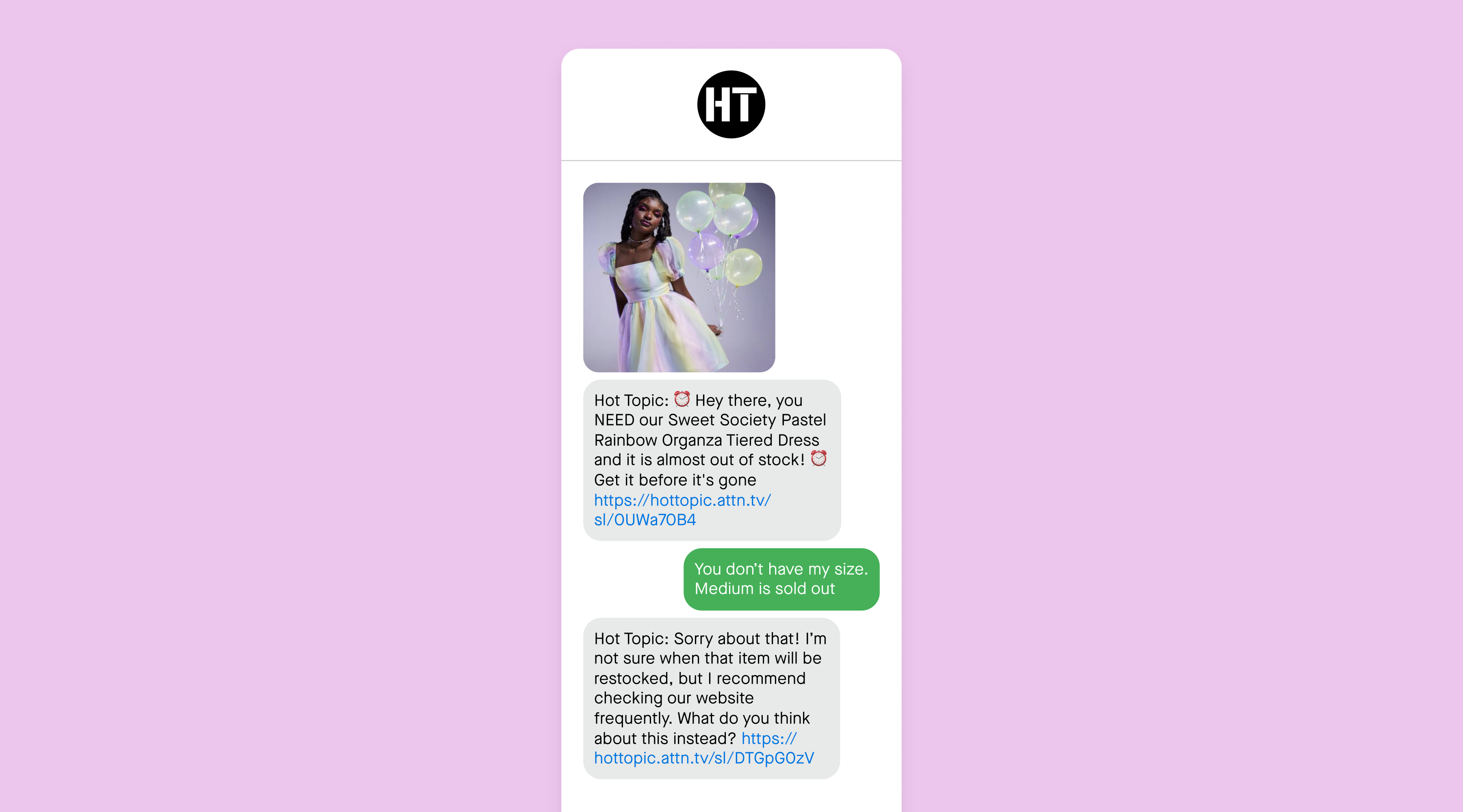 Conversational SMS example from Hot Topic using Attentive Concierge™ powered by Attentive AI