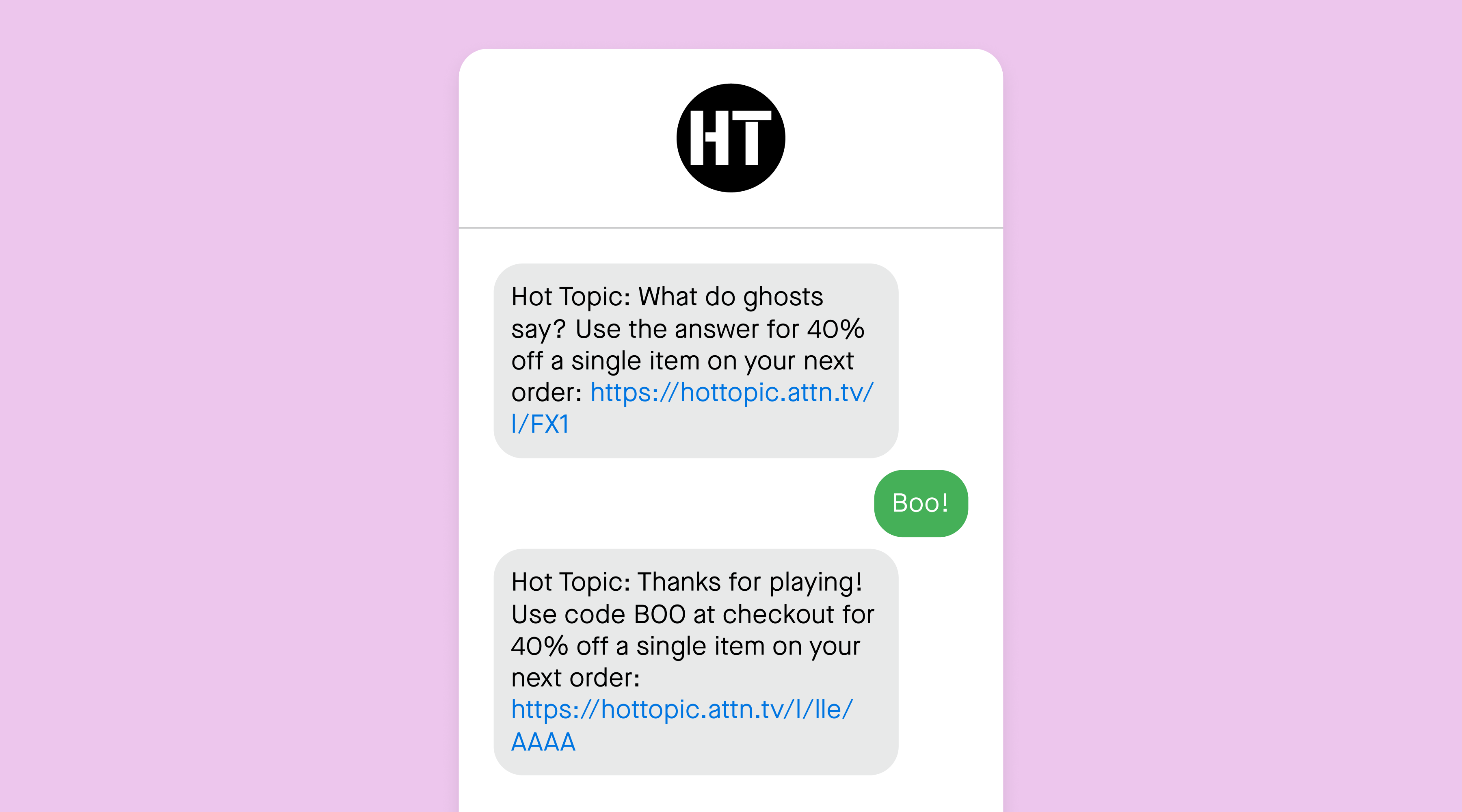 SMS campaign example from Hot Topic using Attentive's Two-Way Journeys™