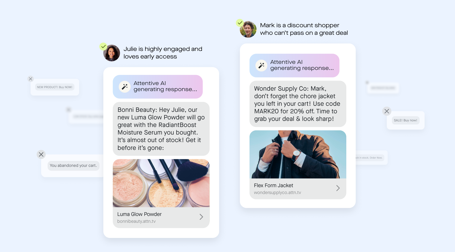 two text message screens showing examples of conversational AI interactions