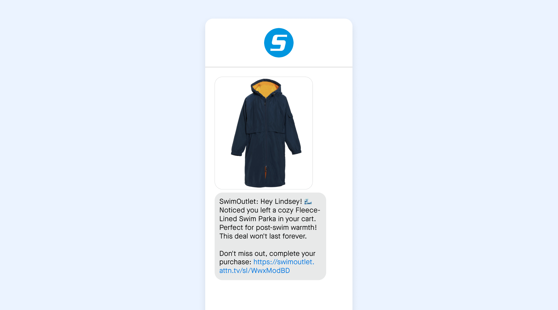 Cart abandonment message from SwimOutlet, sent using Attentive’s AI Journeys