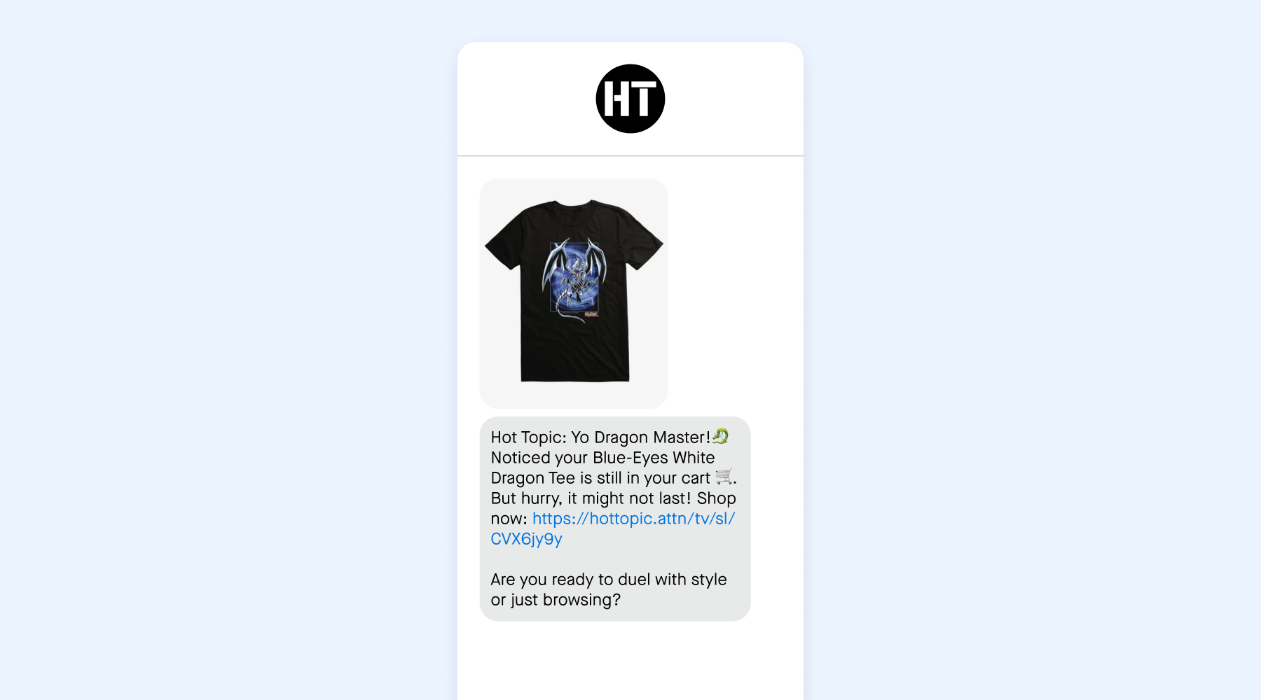 Cart abandonment message from Hot Topic, sent using Attentive’s AI Journeys