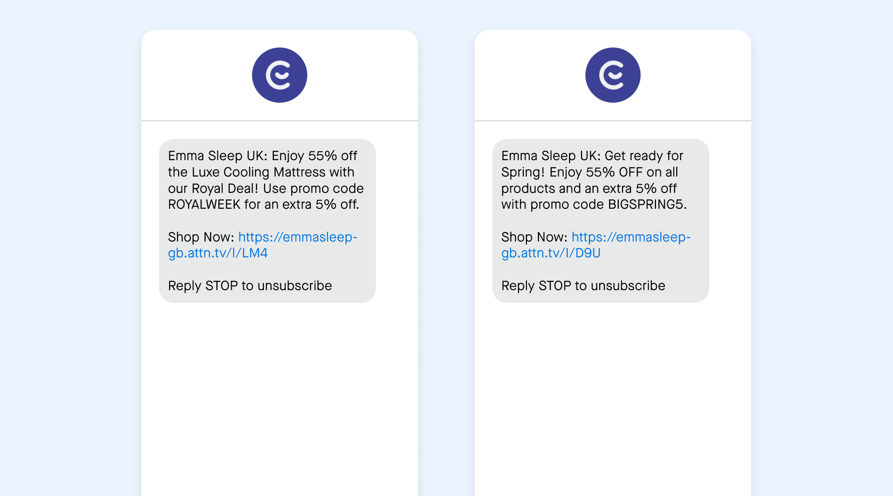 SMS campaigns from Emma Sleep, crafted with Attentive’s Copy Assistant