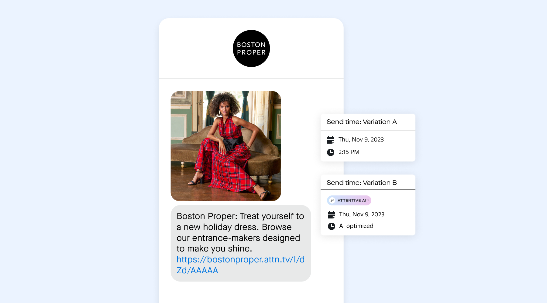 SMS campaign example from Boston Proper, sent using Attentive’s Send Time AI