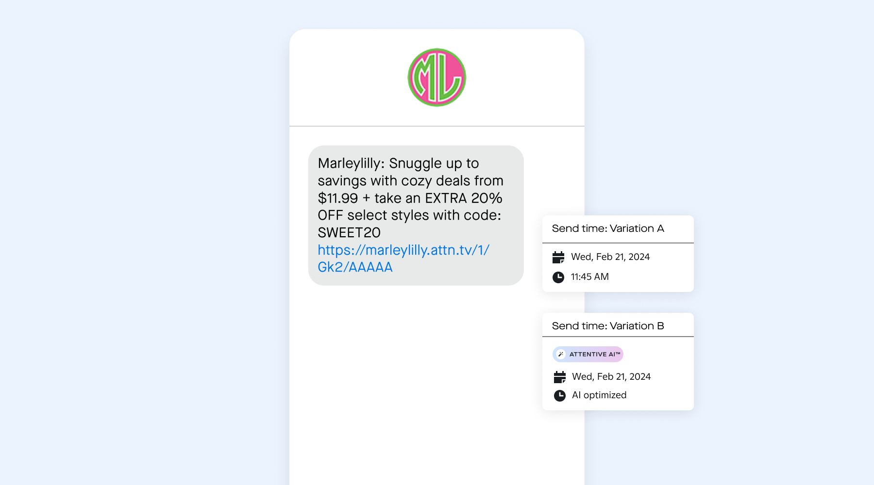 SMS campaign from Marleylilly, sent using Attentive's Send Time AI