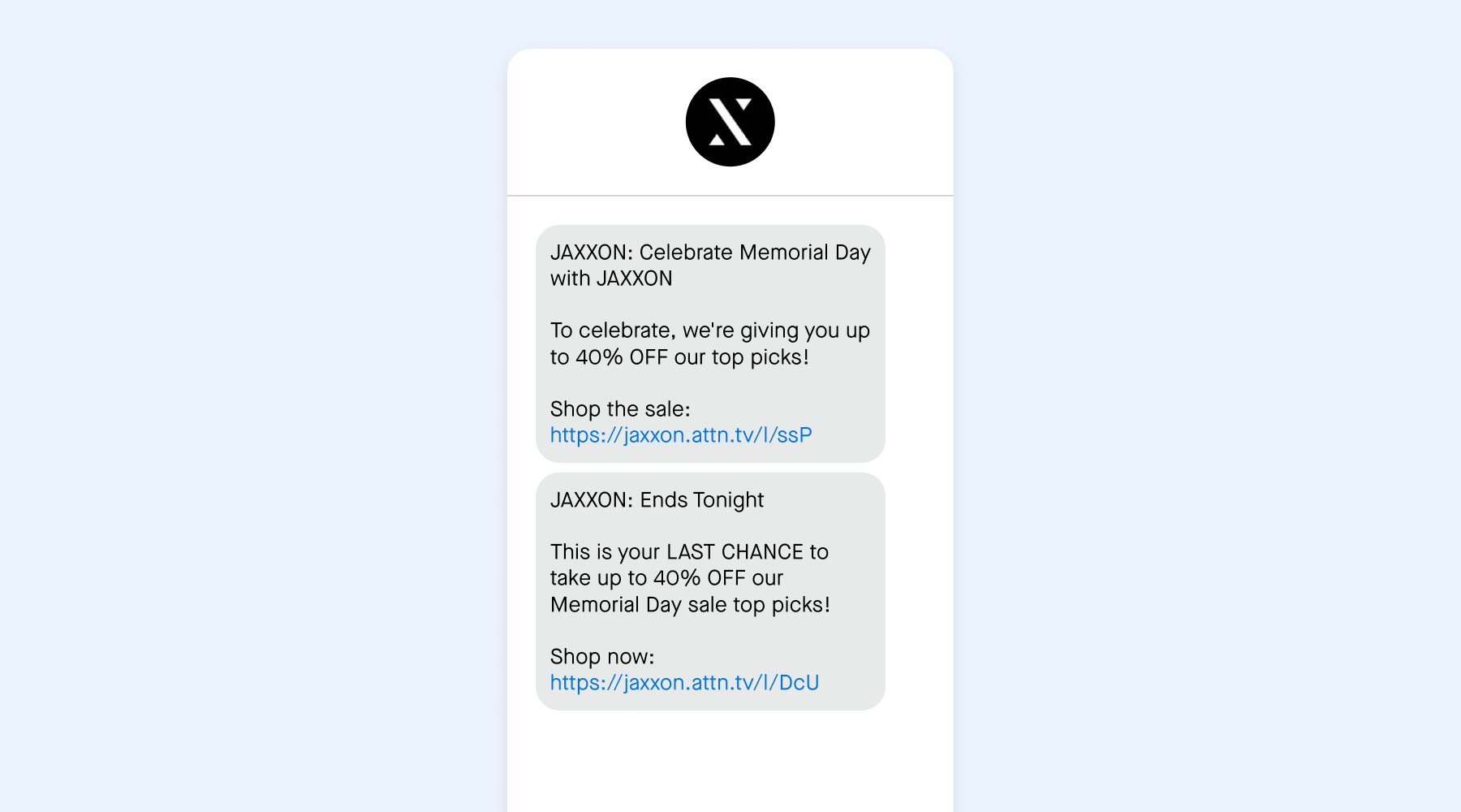 Memorial Day SMS campaign from JAXXON, created using Attentive AI