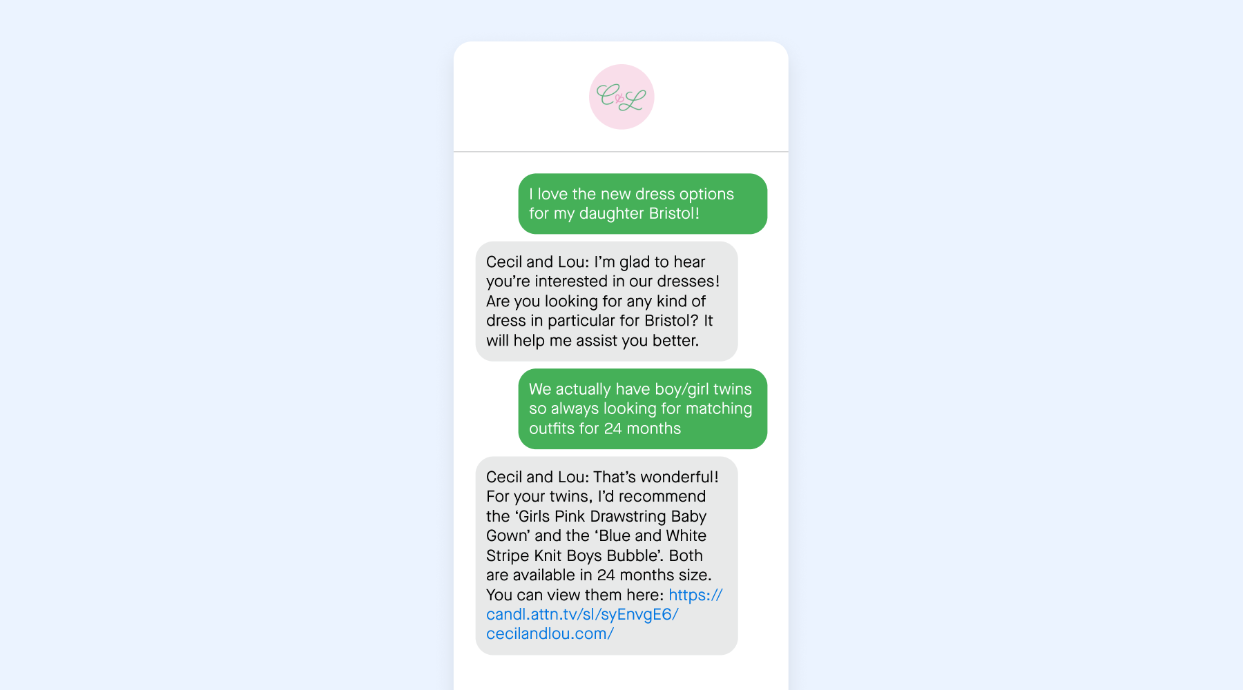 SMS conversation using Attentive Concierge™ powered by Attentive AI™ from Cecil and Lou