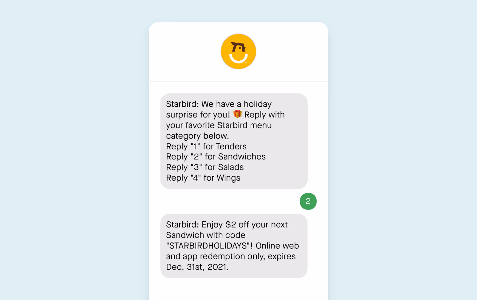 Two-way text message example from Starbird