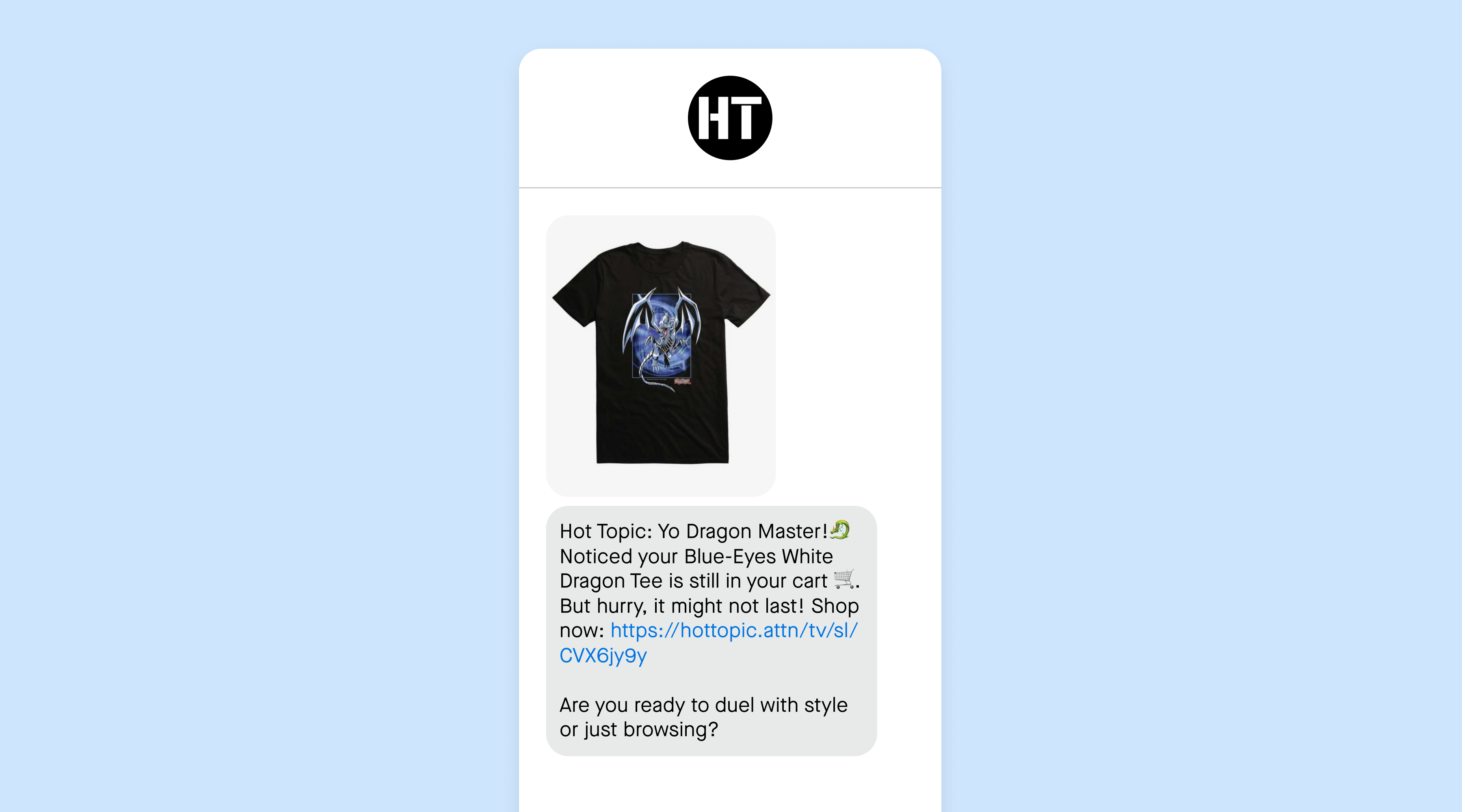 An AI-powered SMS message from Hot Topic