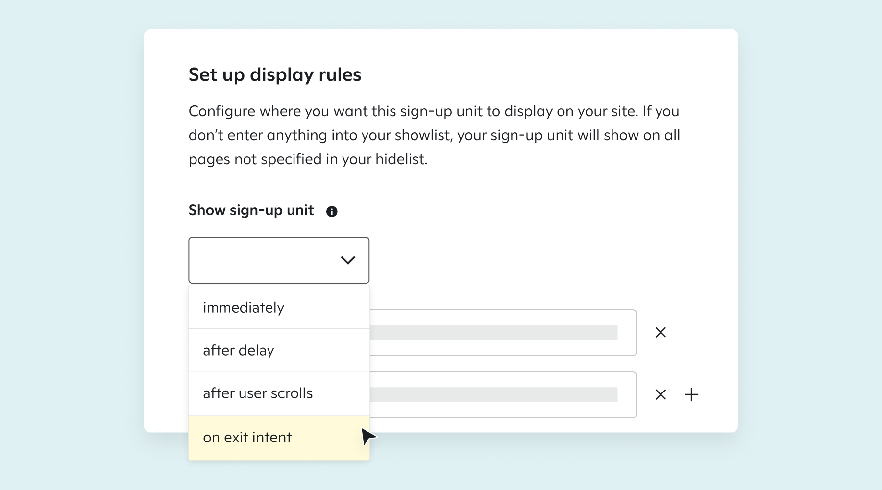 example of exit intent display rule for SMS marketing sign-up unit