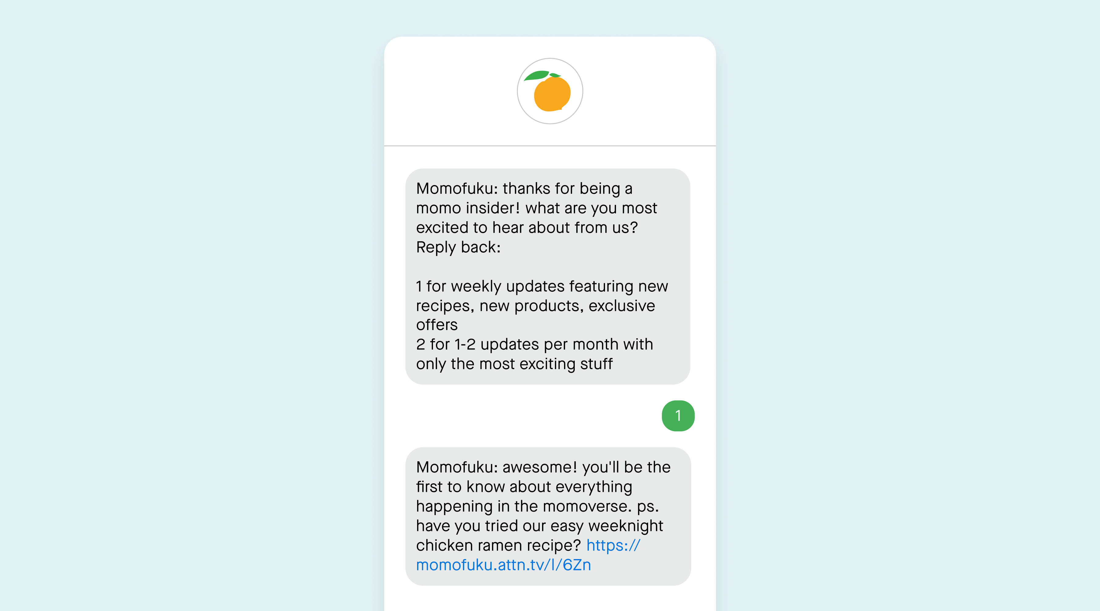 example of Momofuku two-way text messaging welcome flow