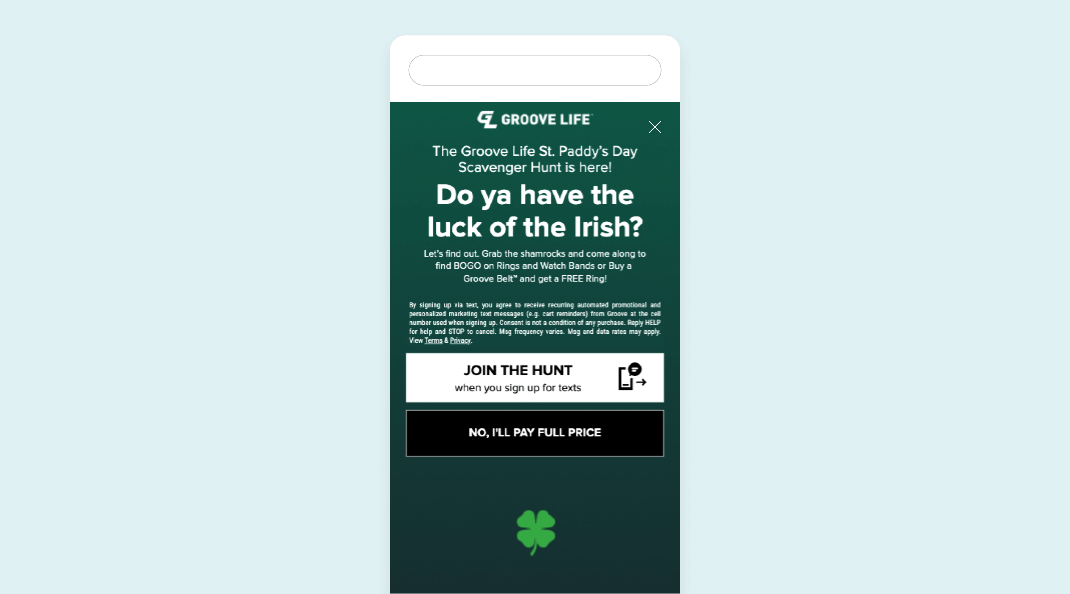 Groove Life St. Patrick's Day customized SMS sign-up unit