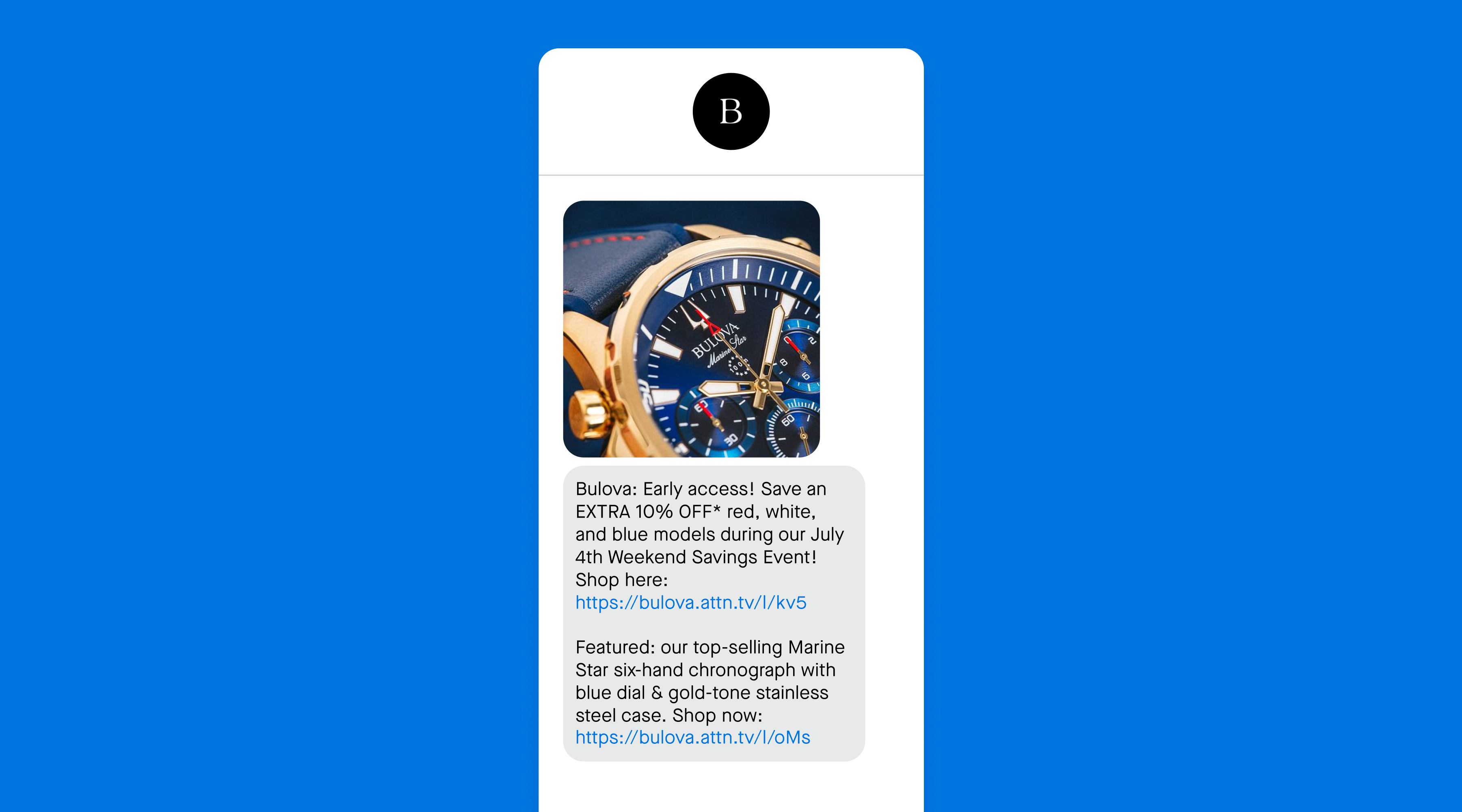 SMS message from Bulova offering 10% off for the 4th of July