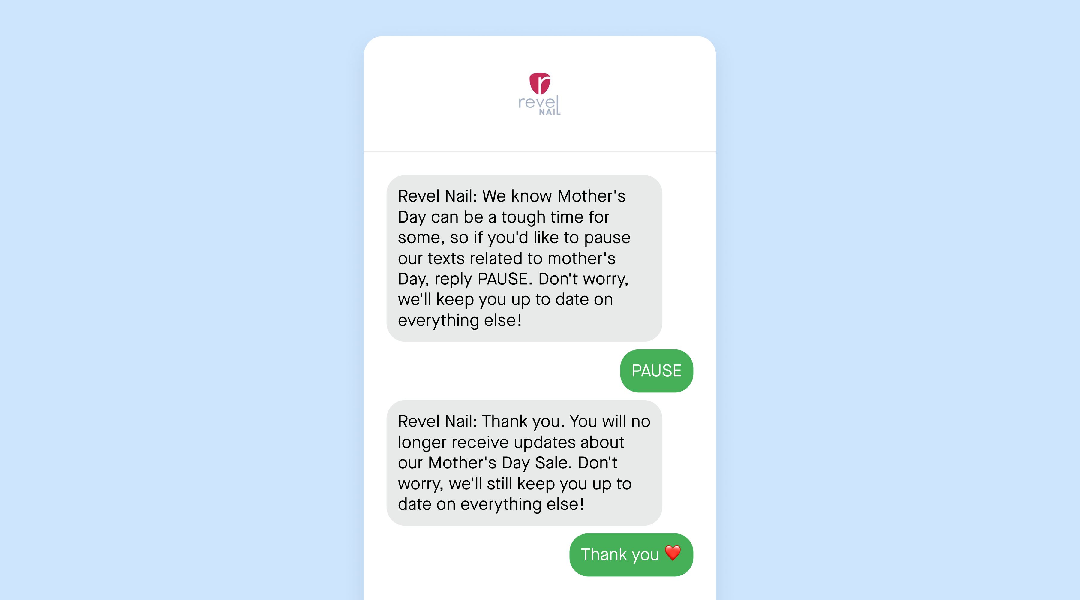 revel nail inclusive marketing text message mother's day