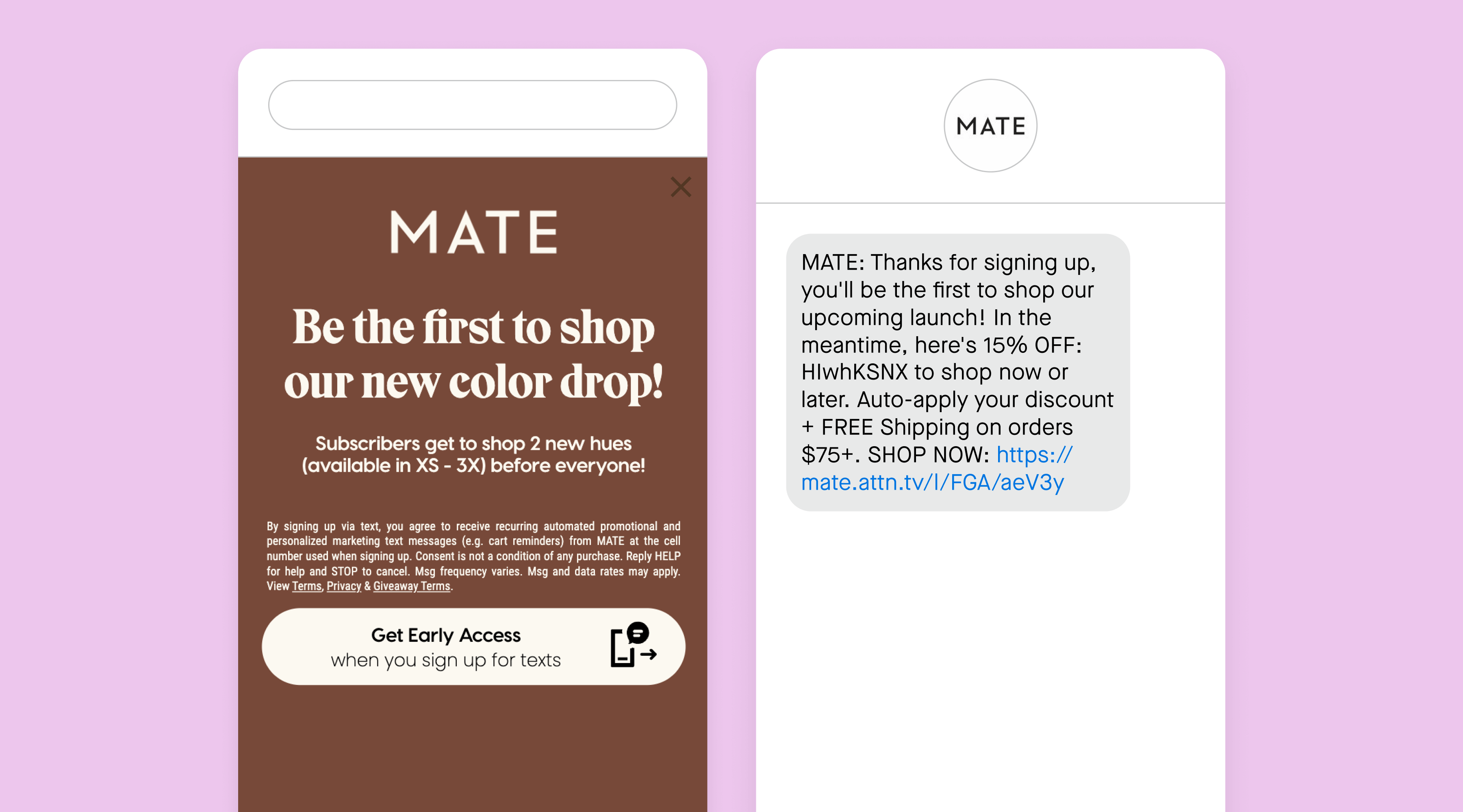 Sign-up unit and text message from MATE the Label