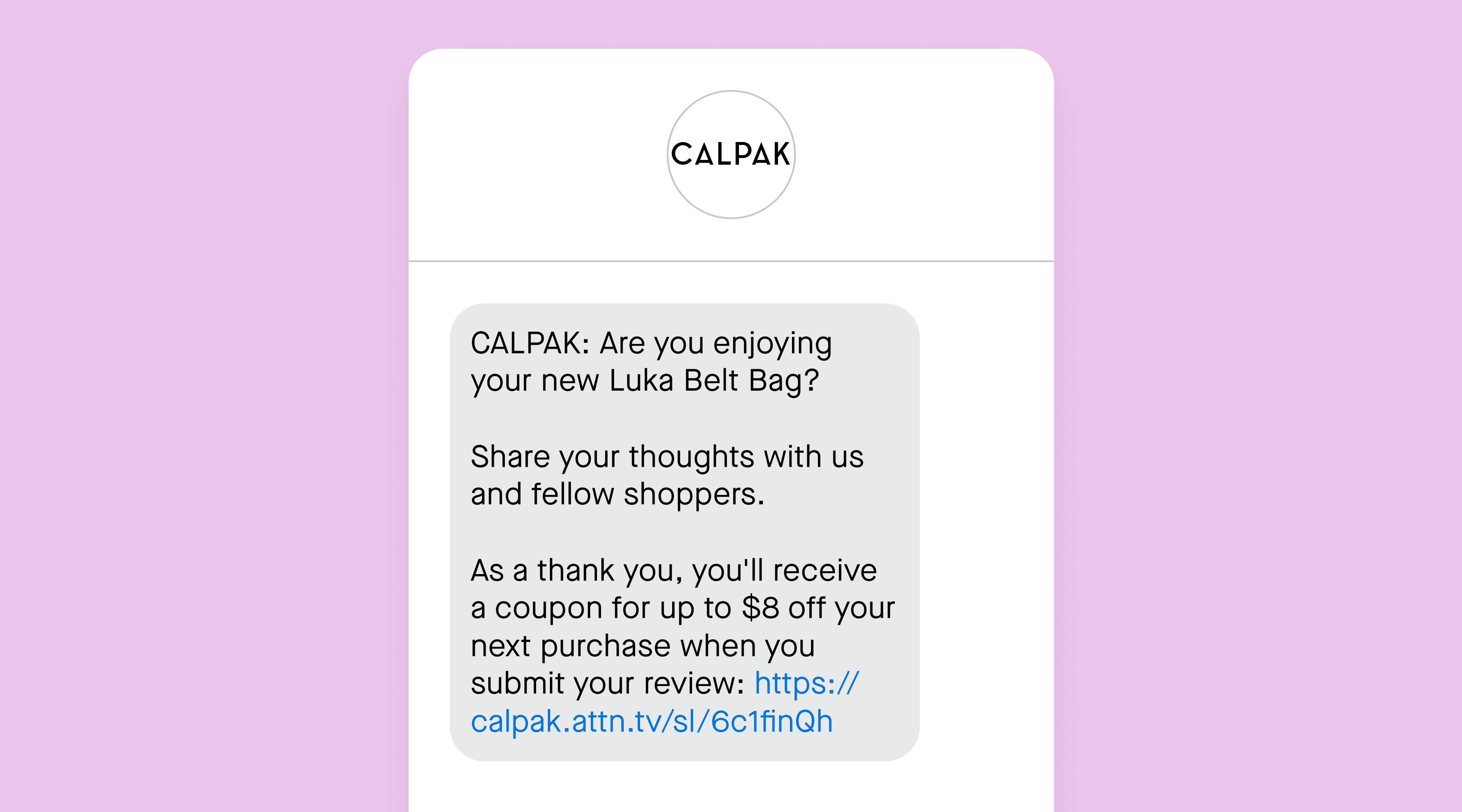 Post-purchase text message from CALPAK requesting a customer review