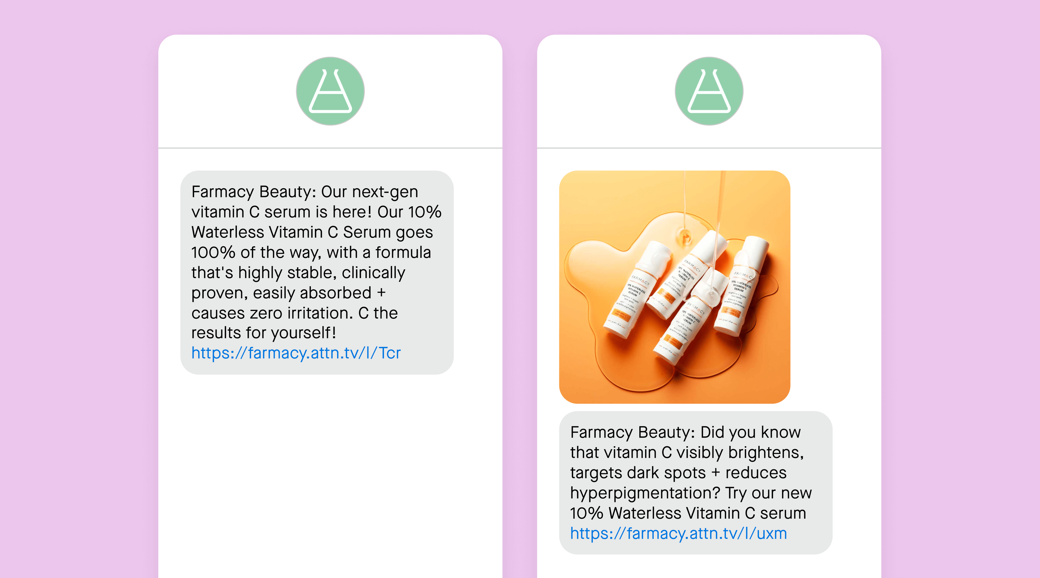 Two text messages from Farmacy Beauty promoting Waterless Vitamin C Serum