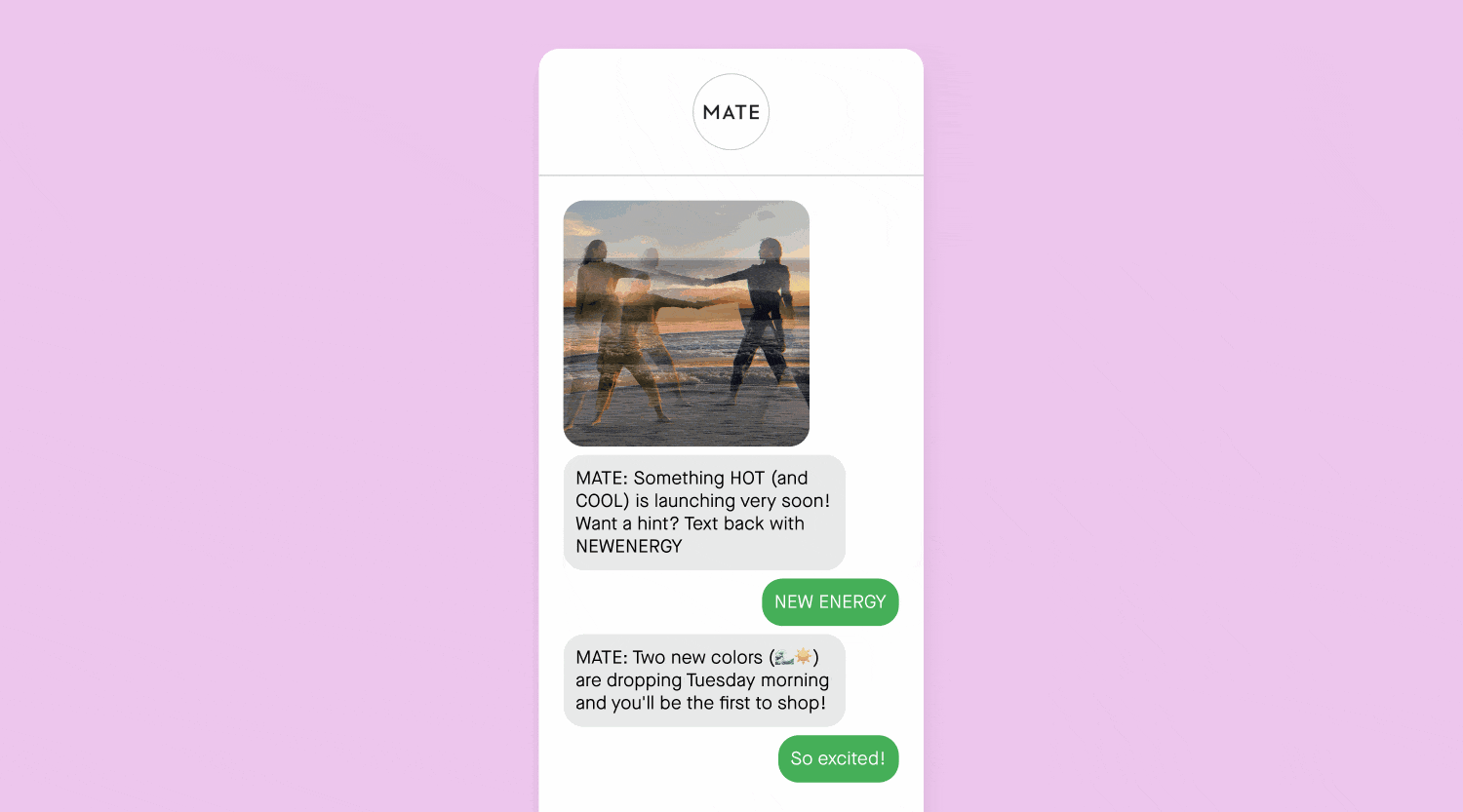 Conversational text message from MATE the Label
