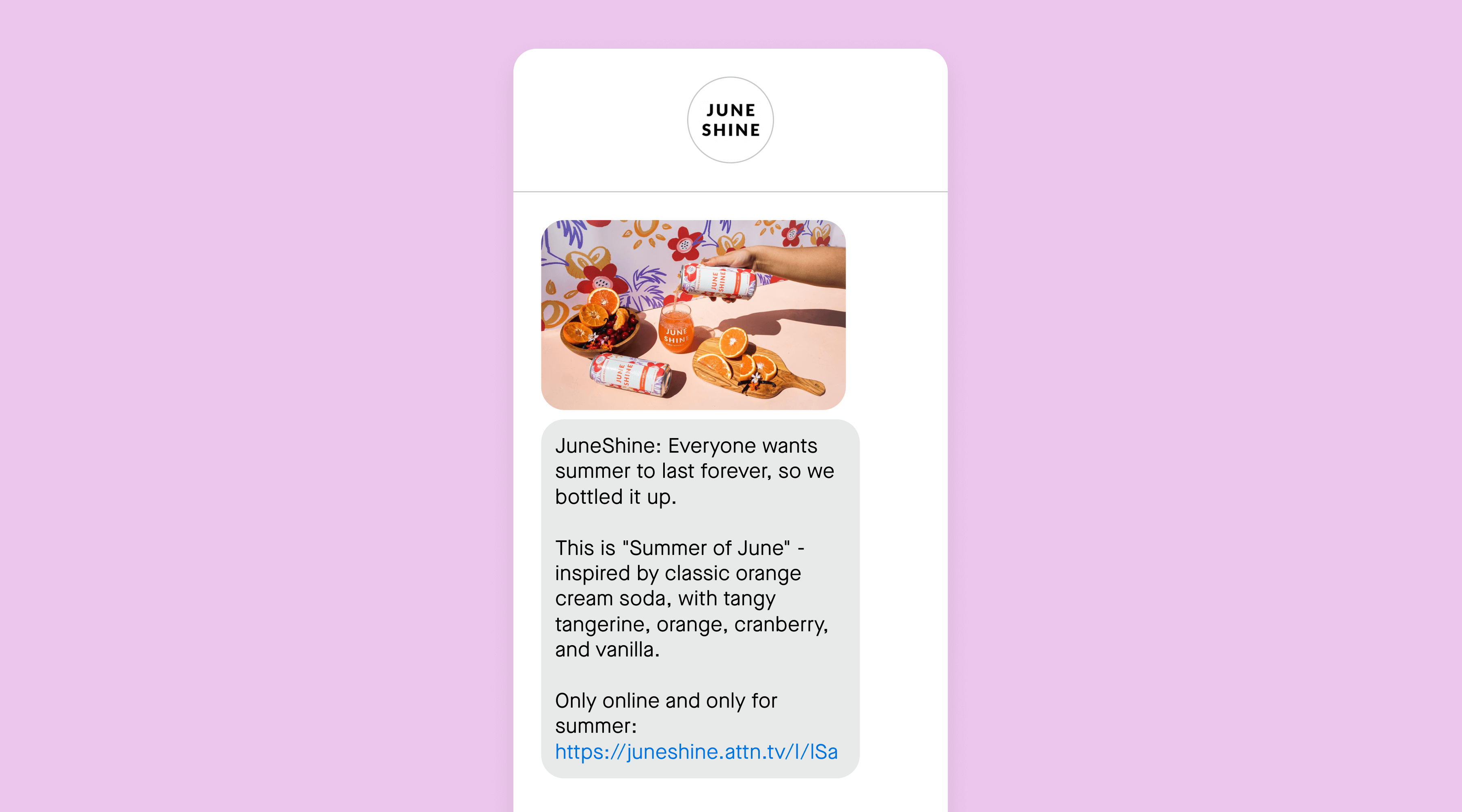 Text message from JuneShine announcing new "Summer of June" flavor