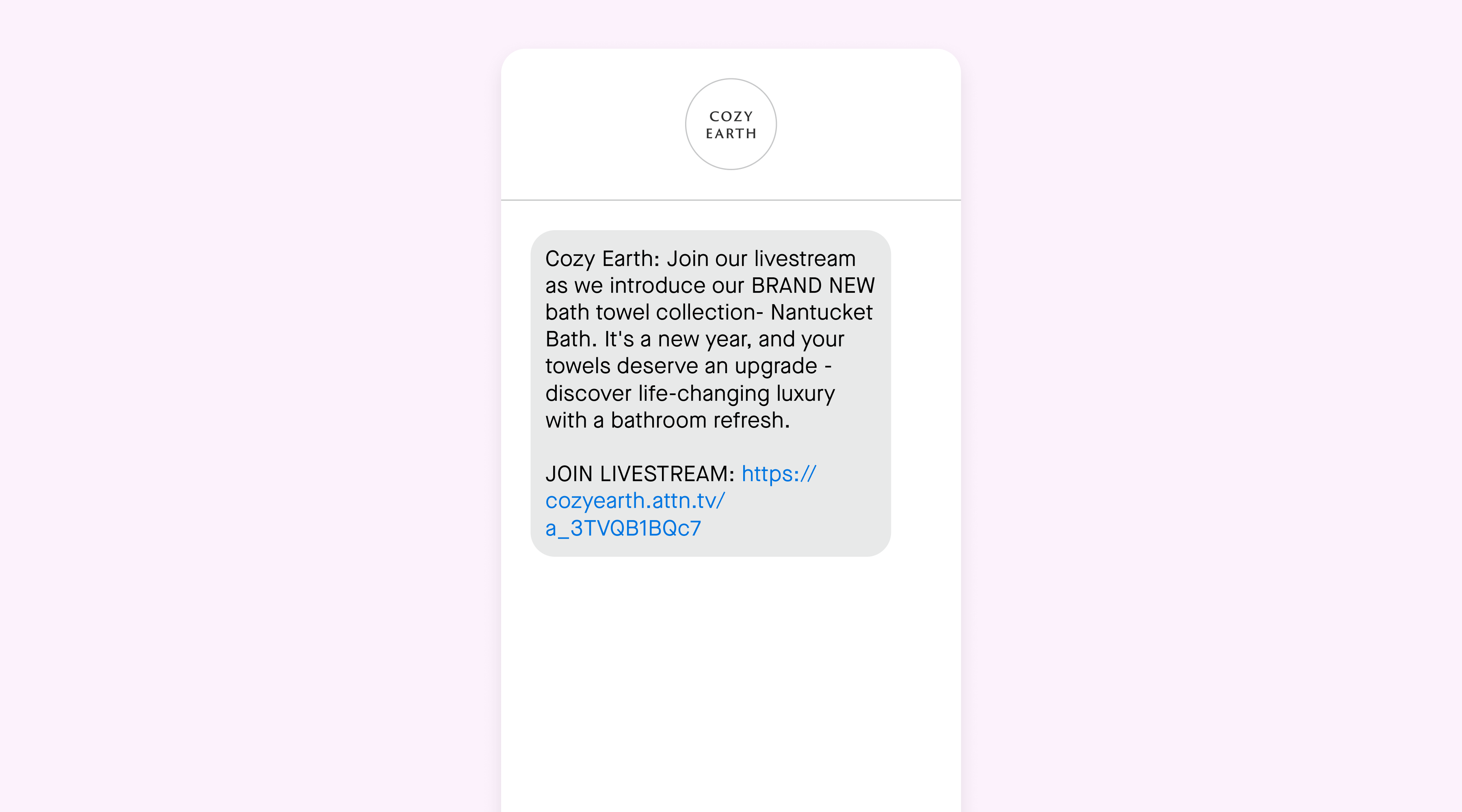An SMS campaign from Cozy Earth to join a livestream event