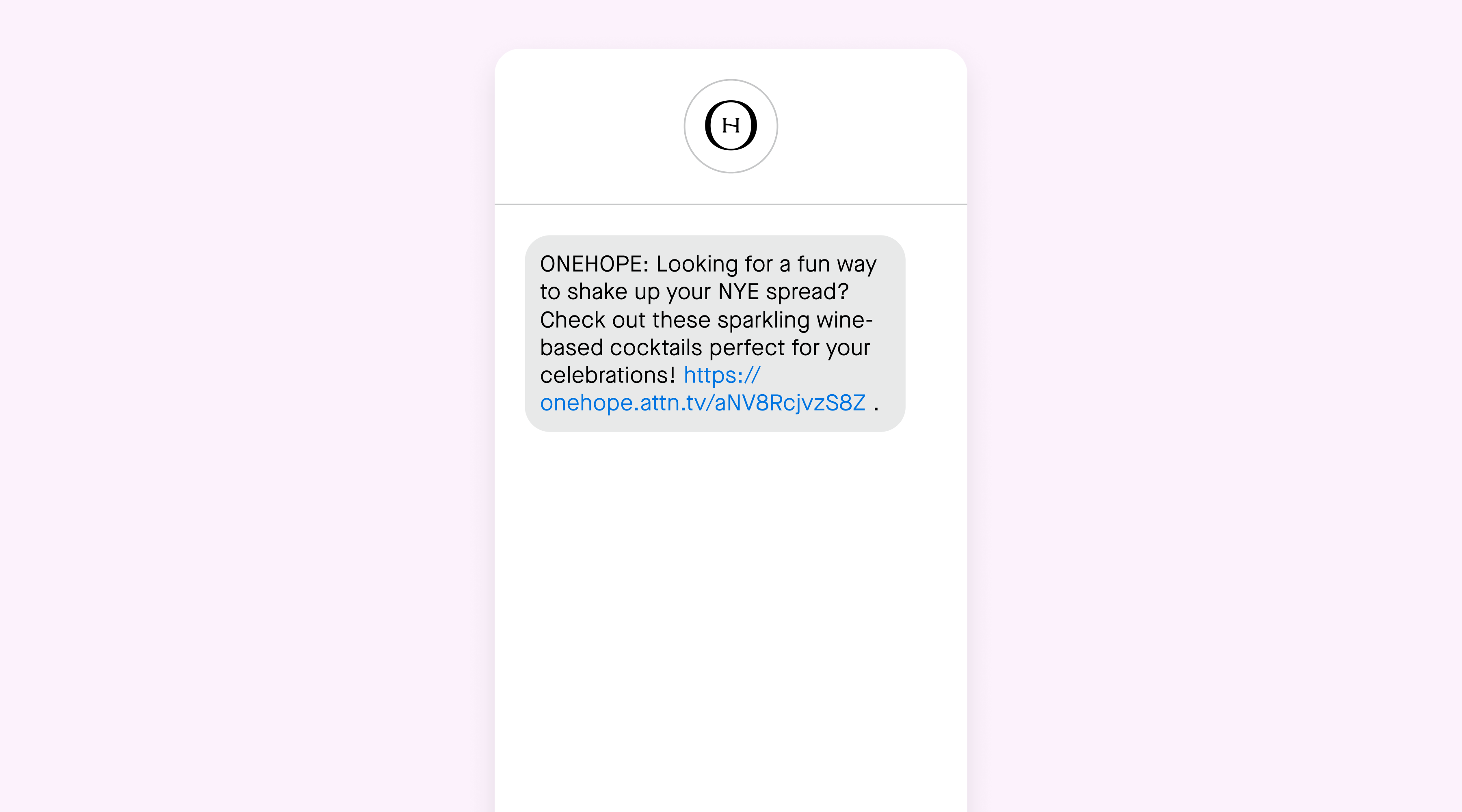 An SMS message from ONEHOPE with cocktail recipes for New Year's Eve