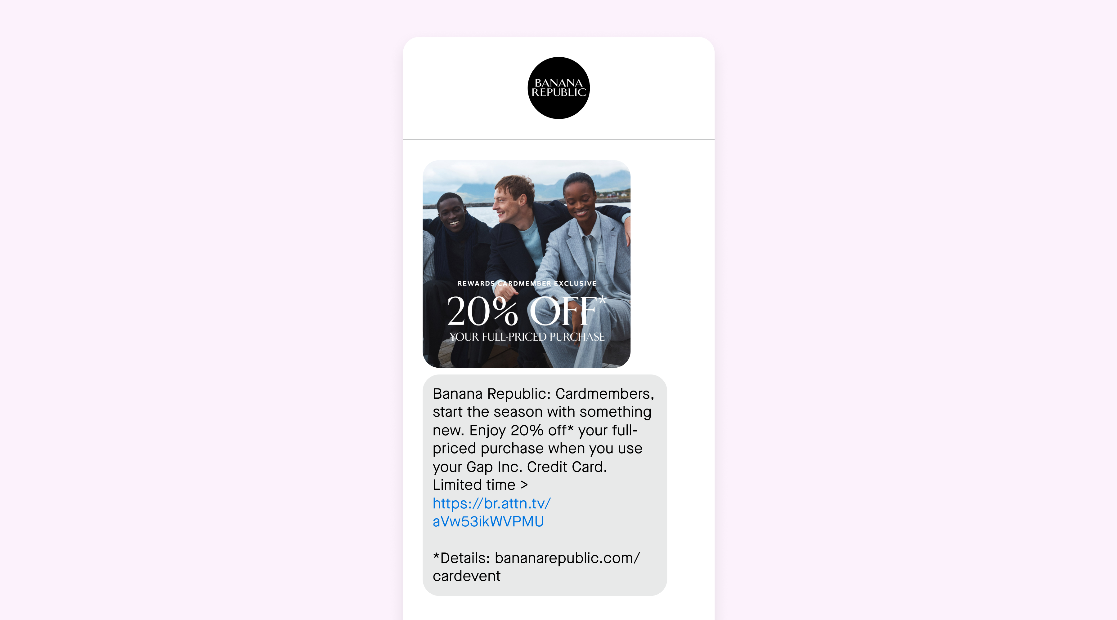 An SMS with a special offer for Banana Republic cardmembers