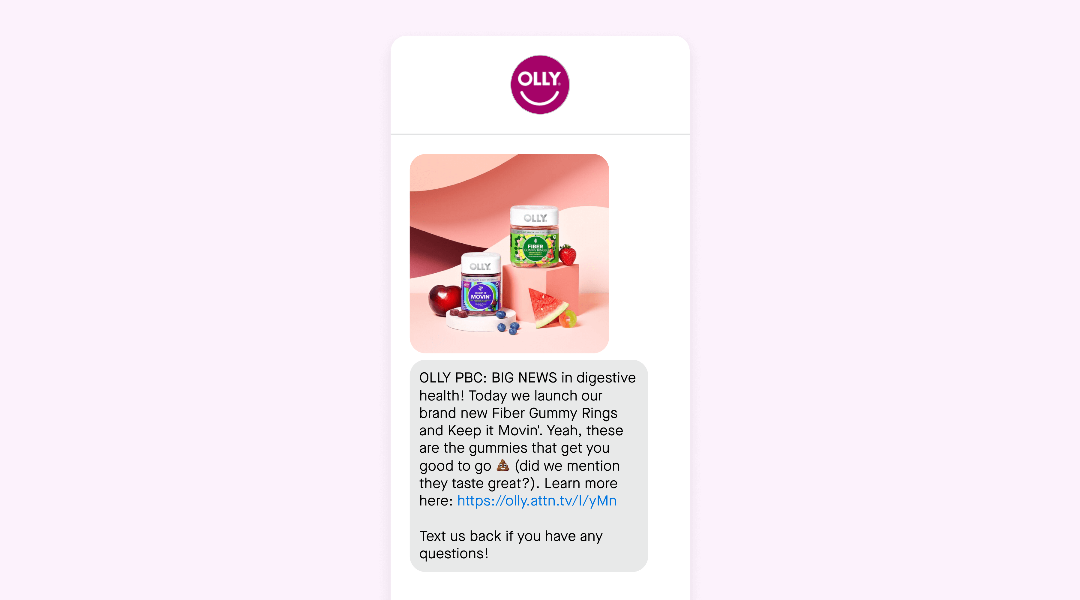 promotional text message from Olly about a new product called Fiber Gummy Rings