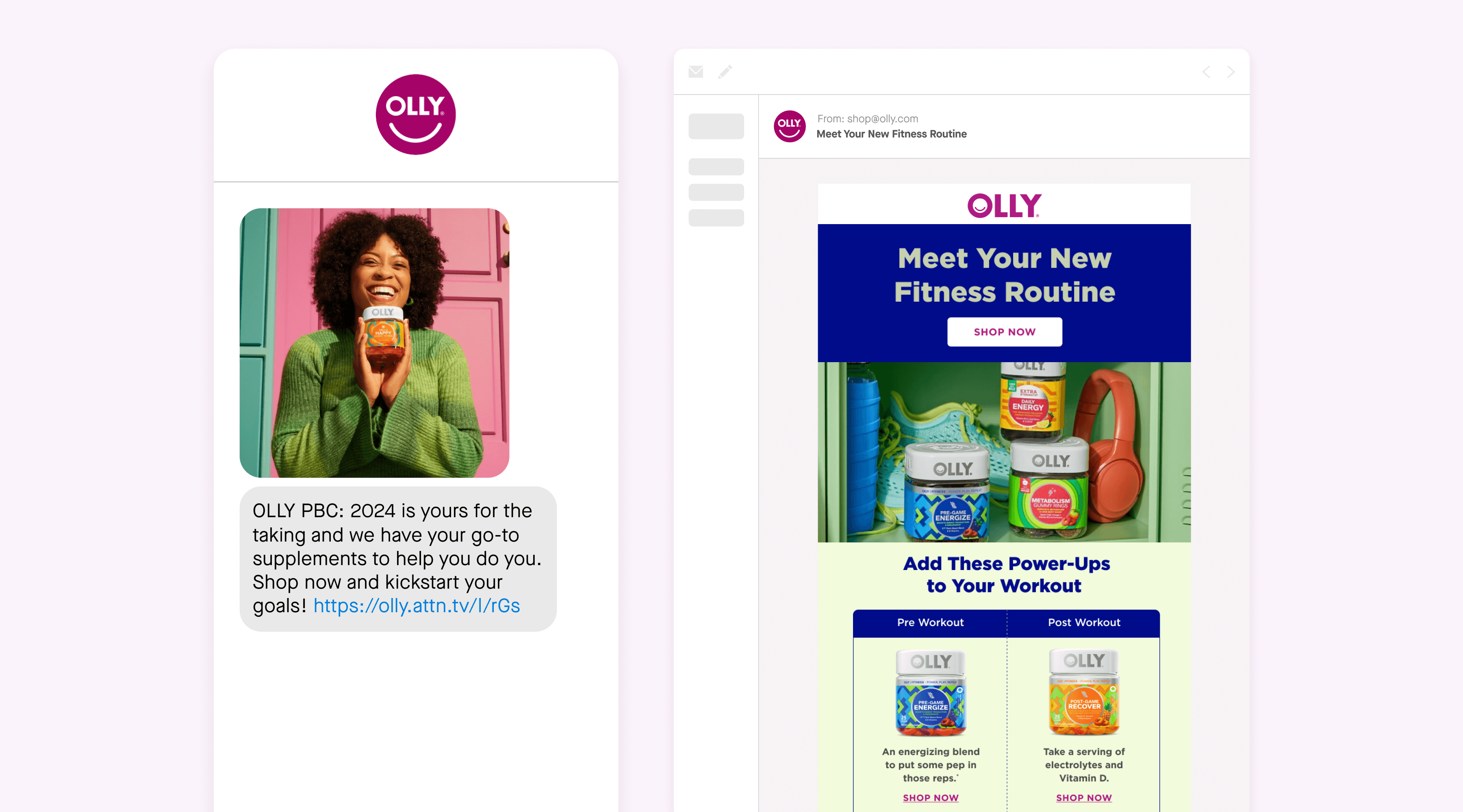 promotional text message and email from Olly's new year campaign