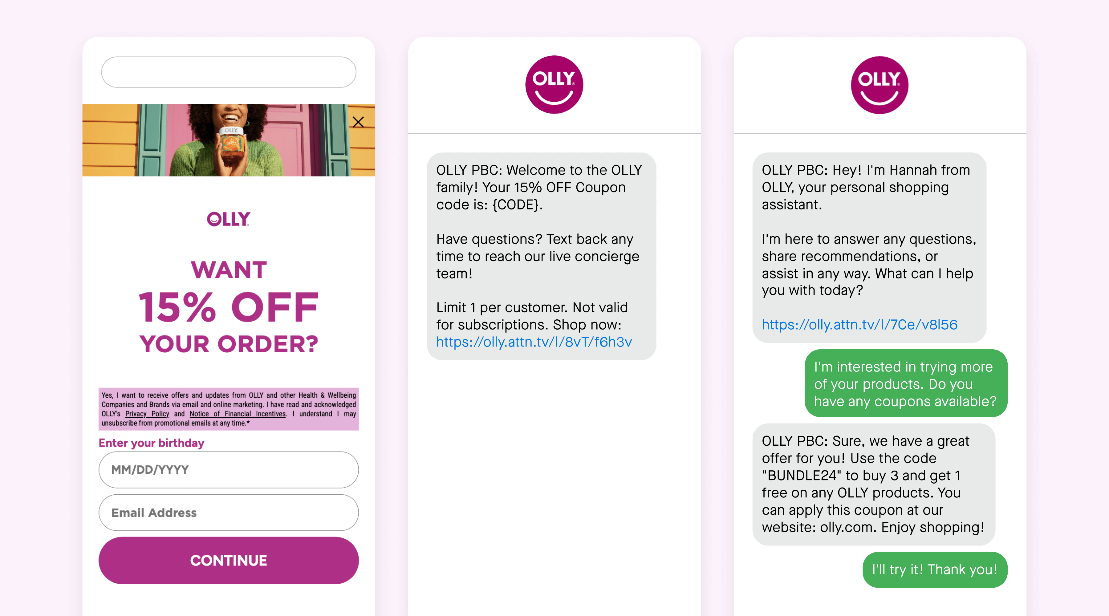 SMS sign-up unit, welcome message, and Attentive Concierge™ conversation examples from Olly