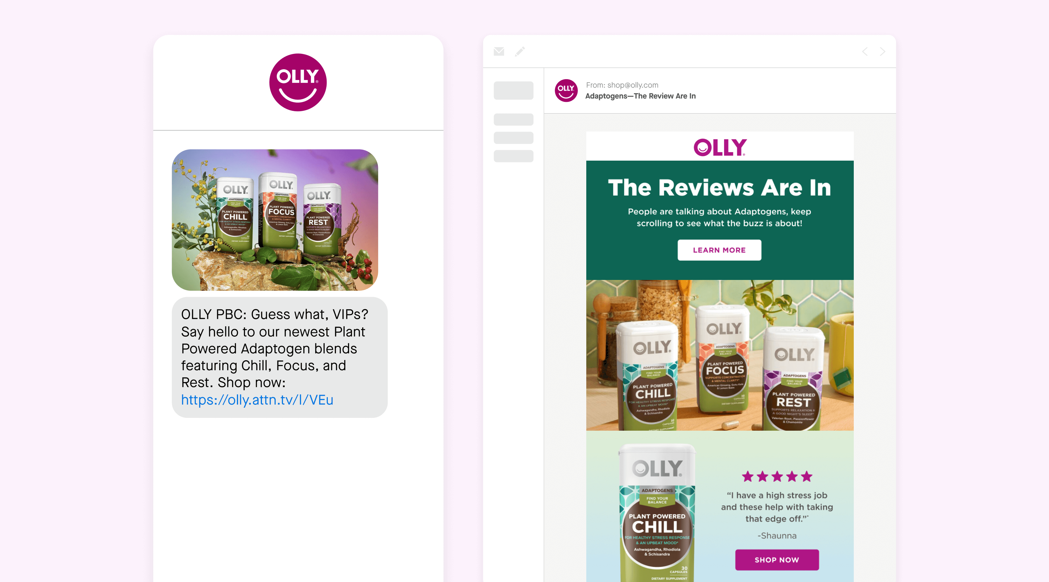 promotional text message and email from Olly about a new line of adaptogens products