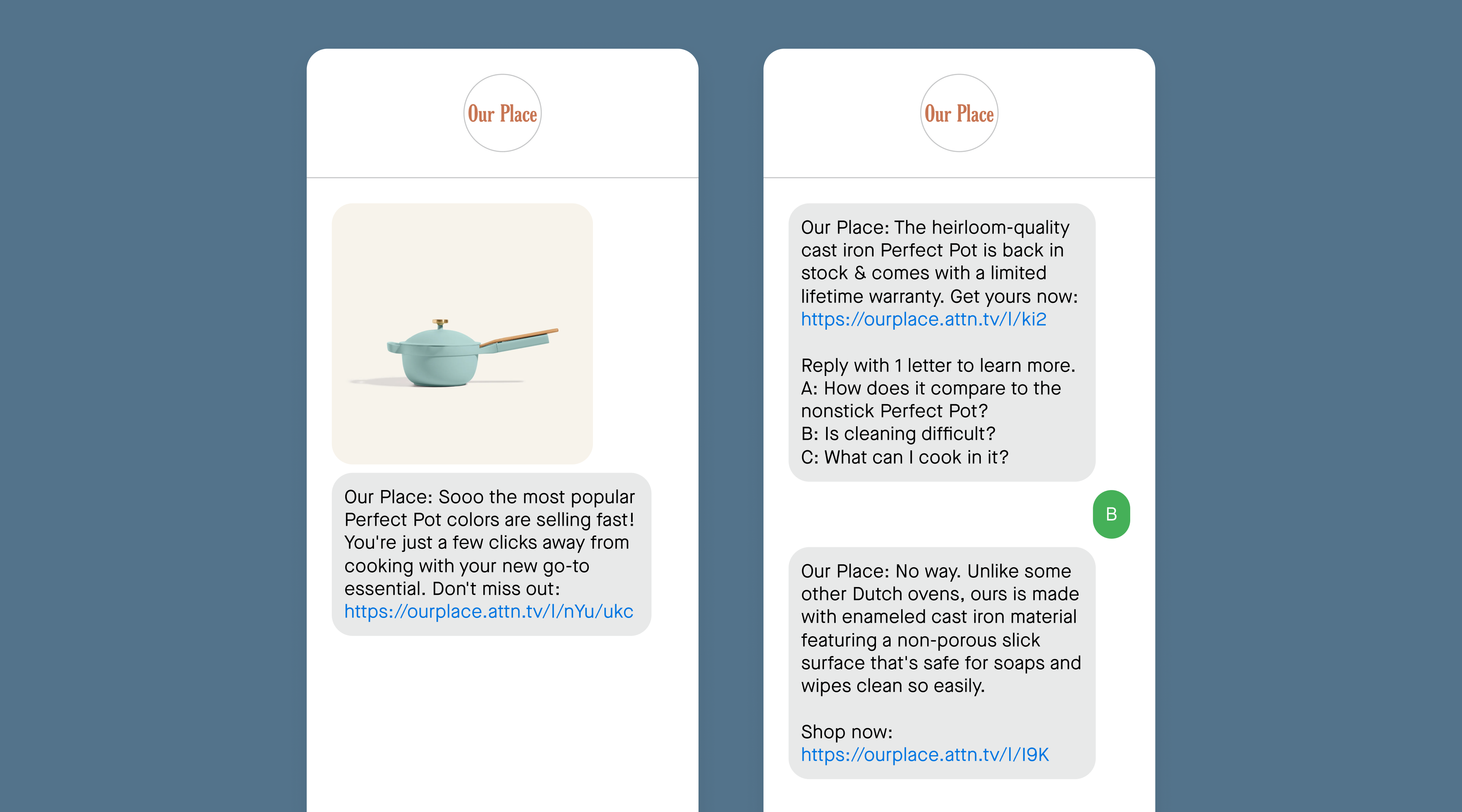 SMS marketing examples from Our Place