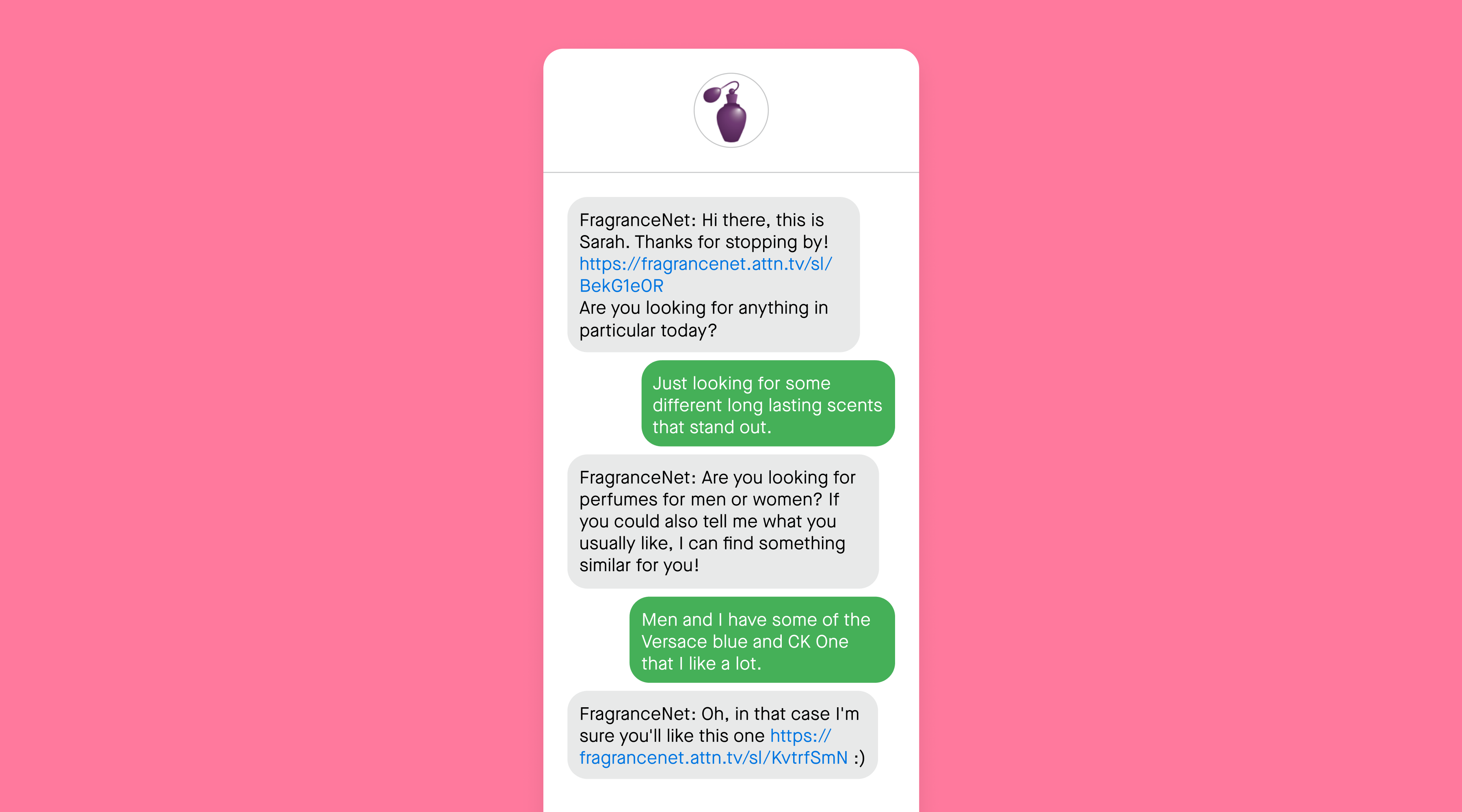 FrangranceNet text message example