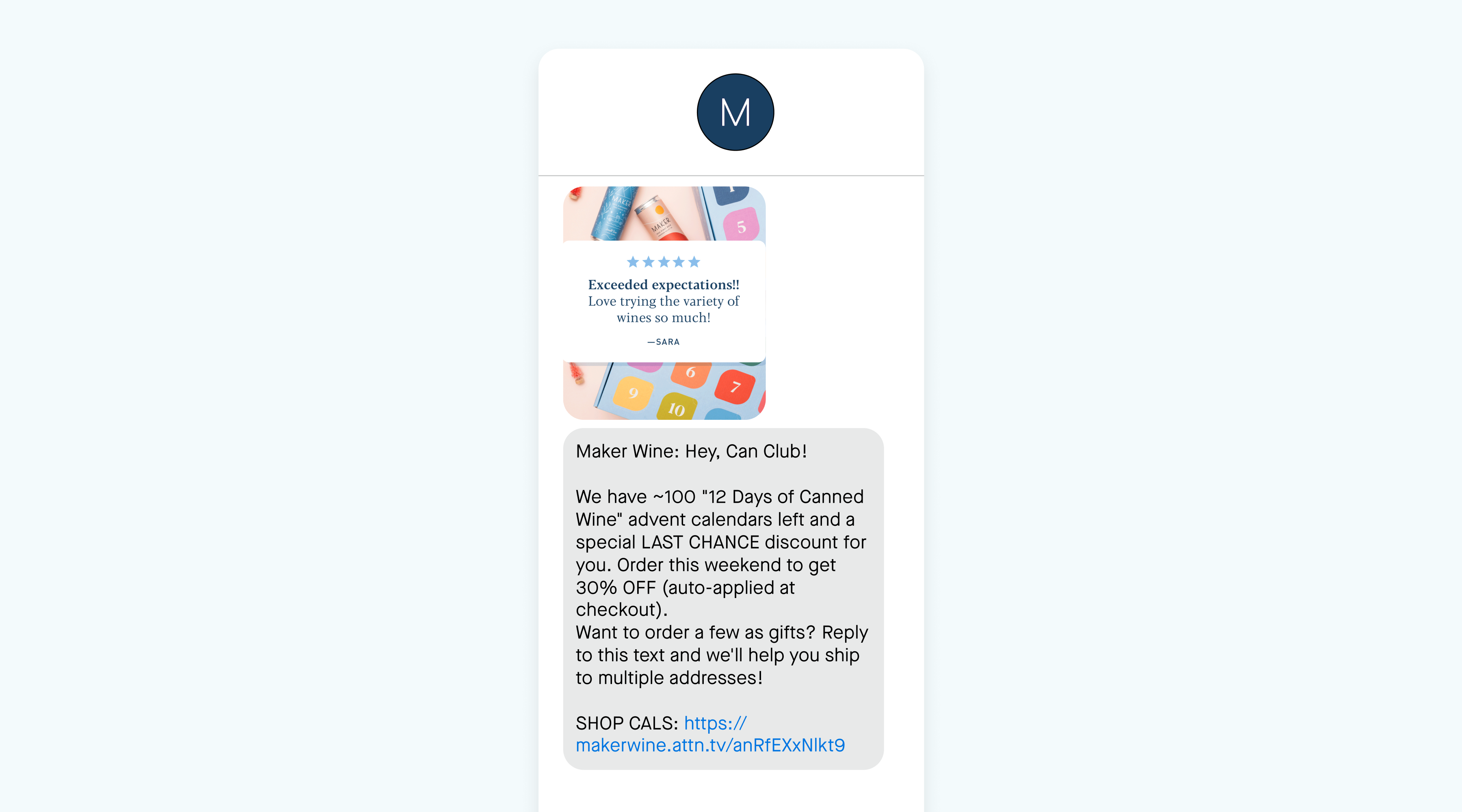 An SMS message from Maker Wine using social proof