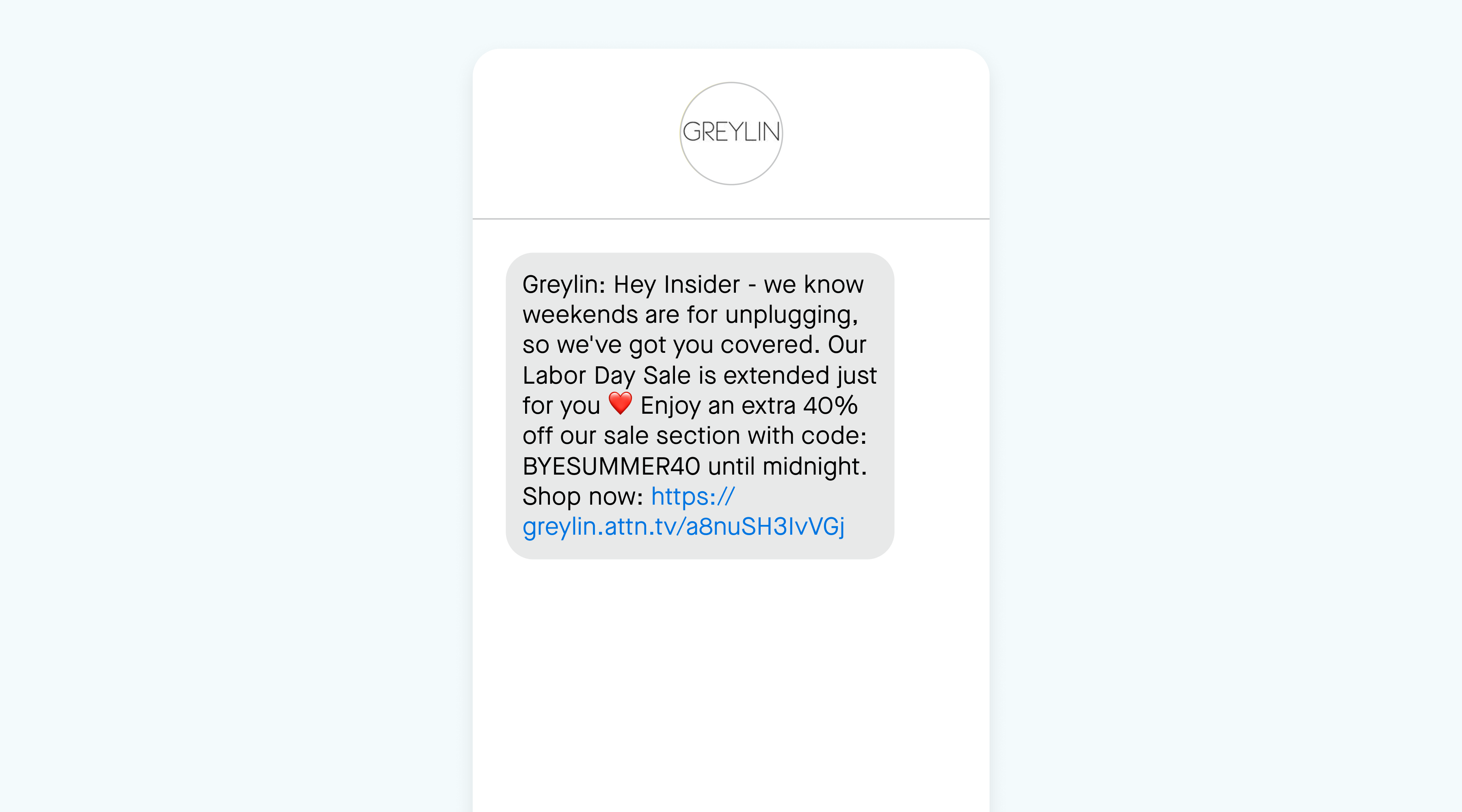 An SMS message from Greylin for VIPs