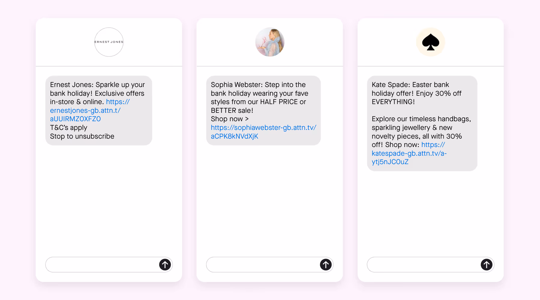 Ernest Jones, Sophia Webster, Kate Spade bank holiday SMS messages