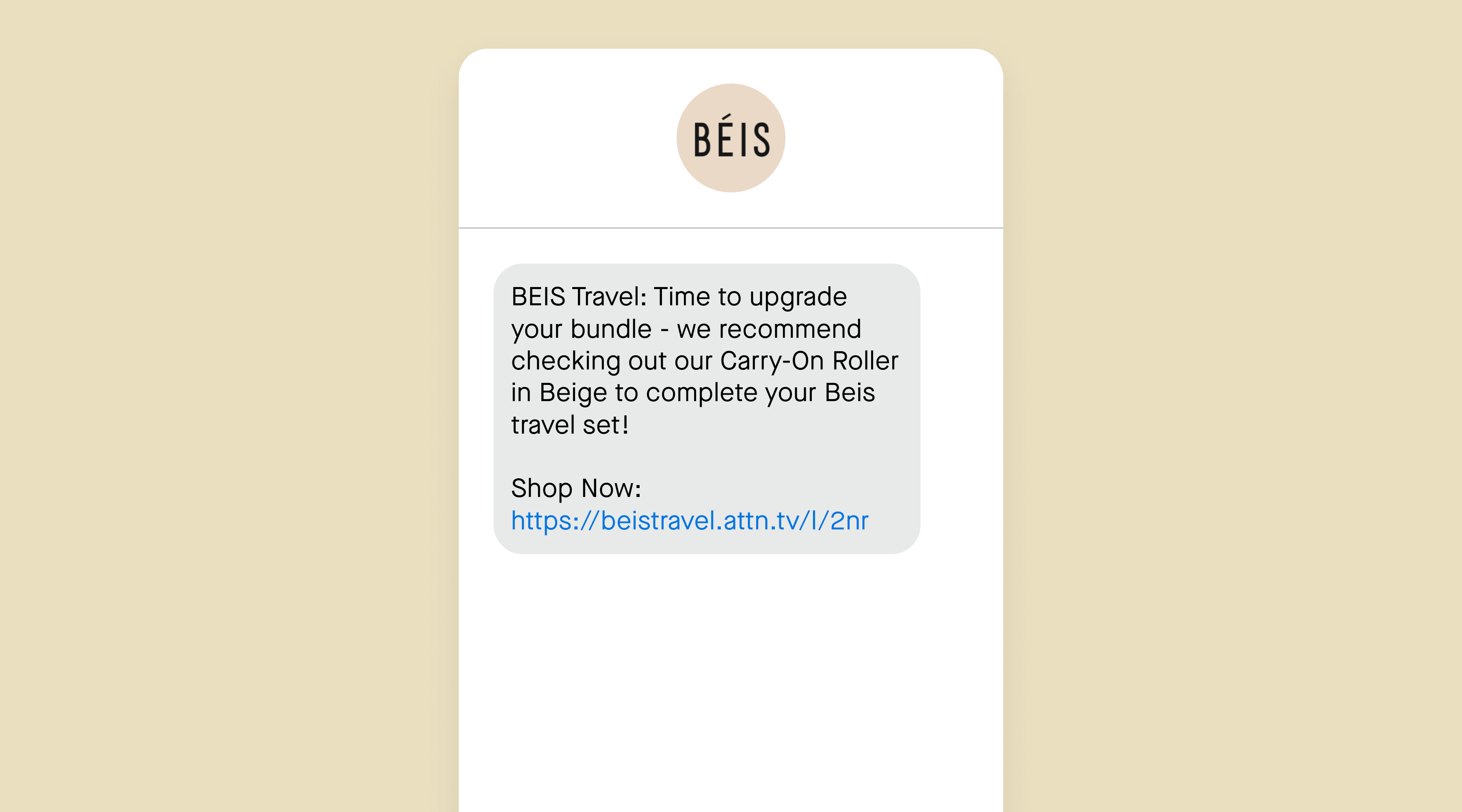 post-purchase SMS example from BÉIS 