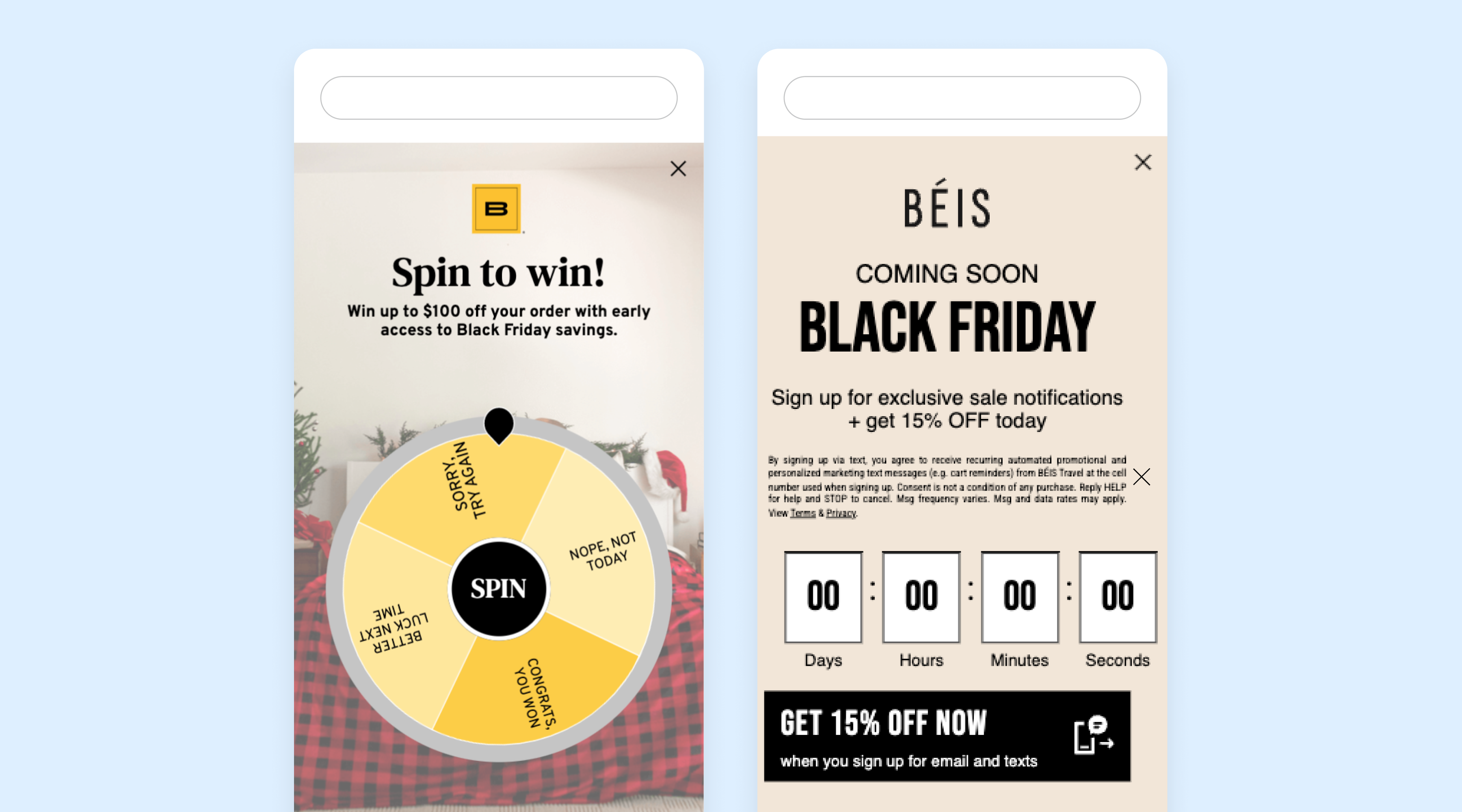 Attentive's countdown sign up unit and spin-to-win sign up unit
