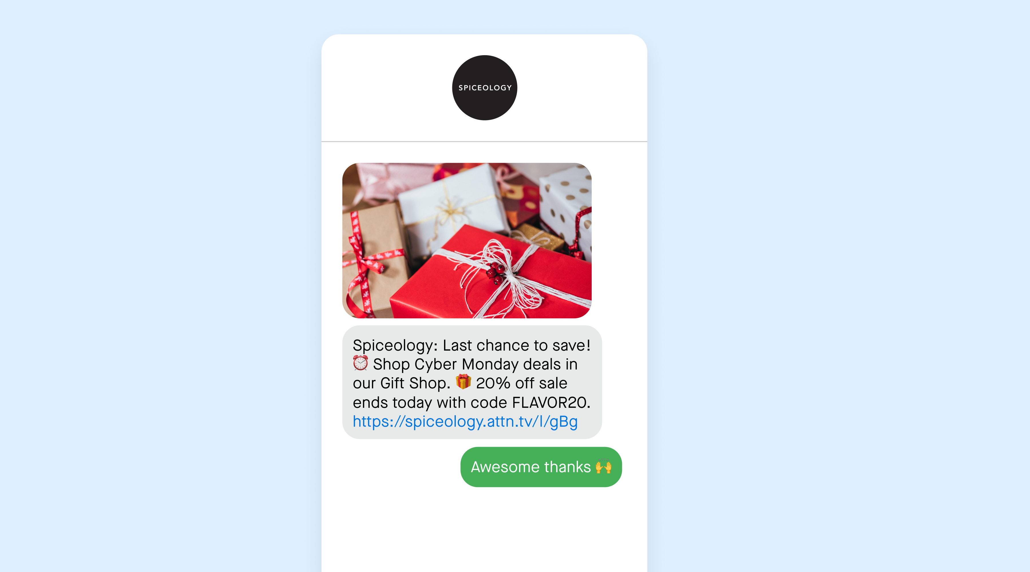 Holiday text example of a retargeting message