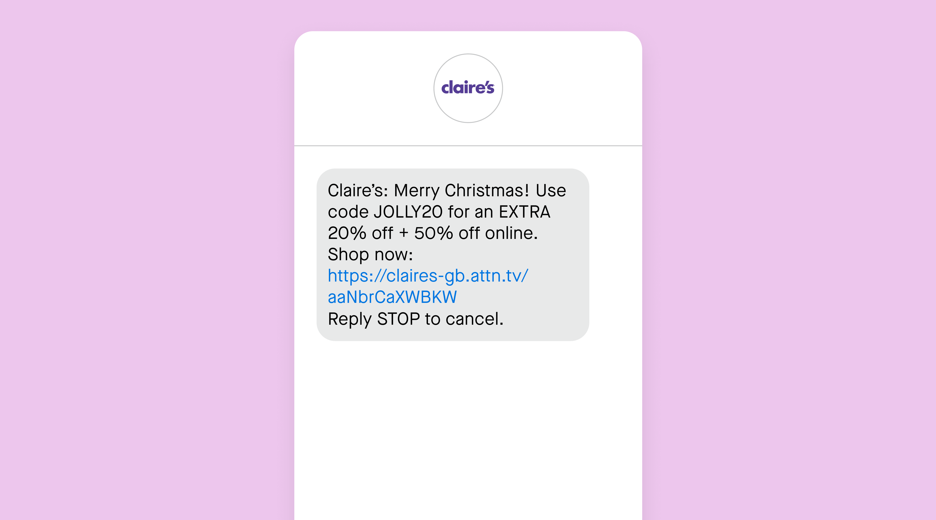 Boxing Day SMS campaign example from Claire's