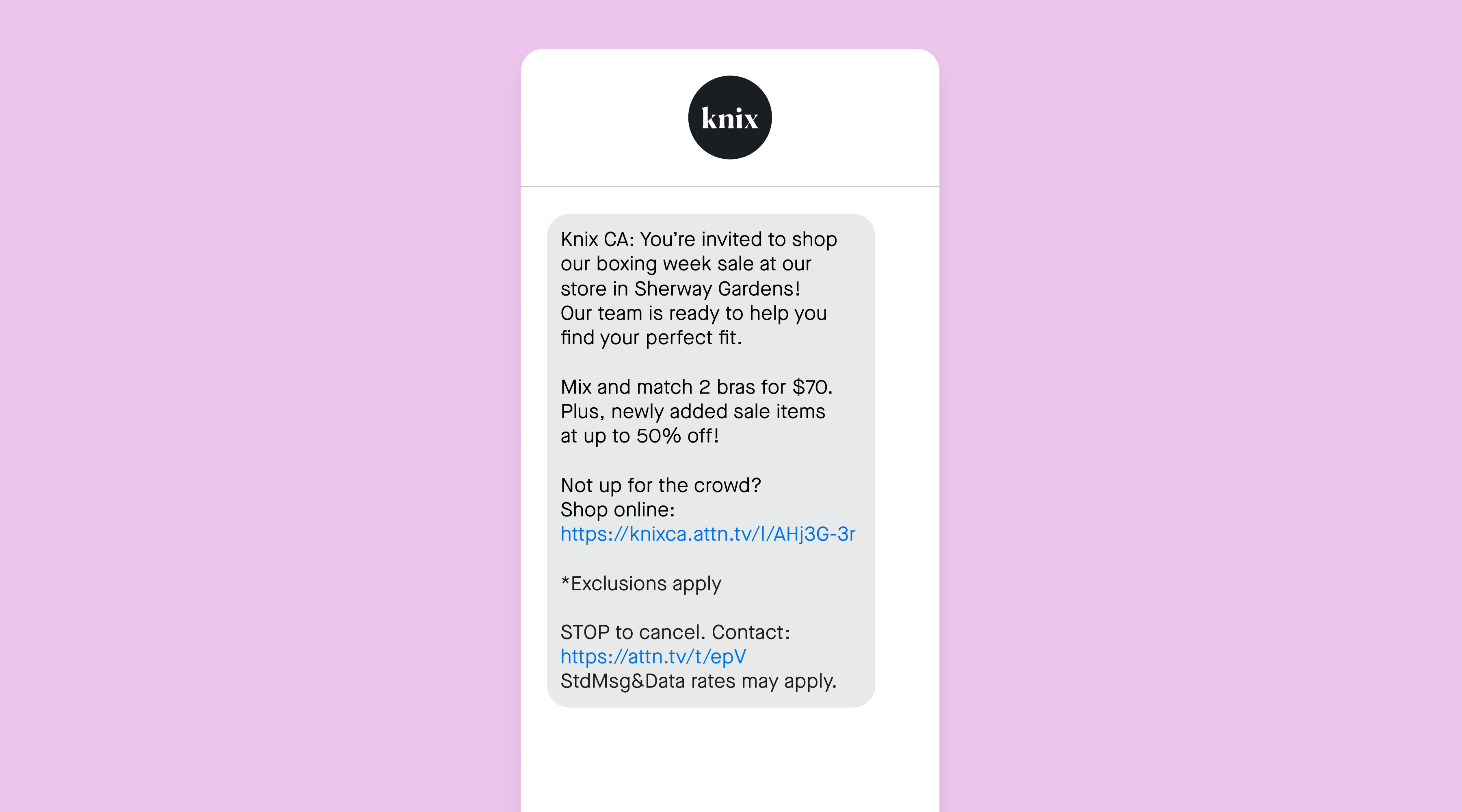 Boxing Day SMS campaign example from Knix