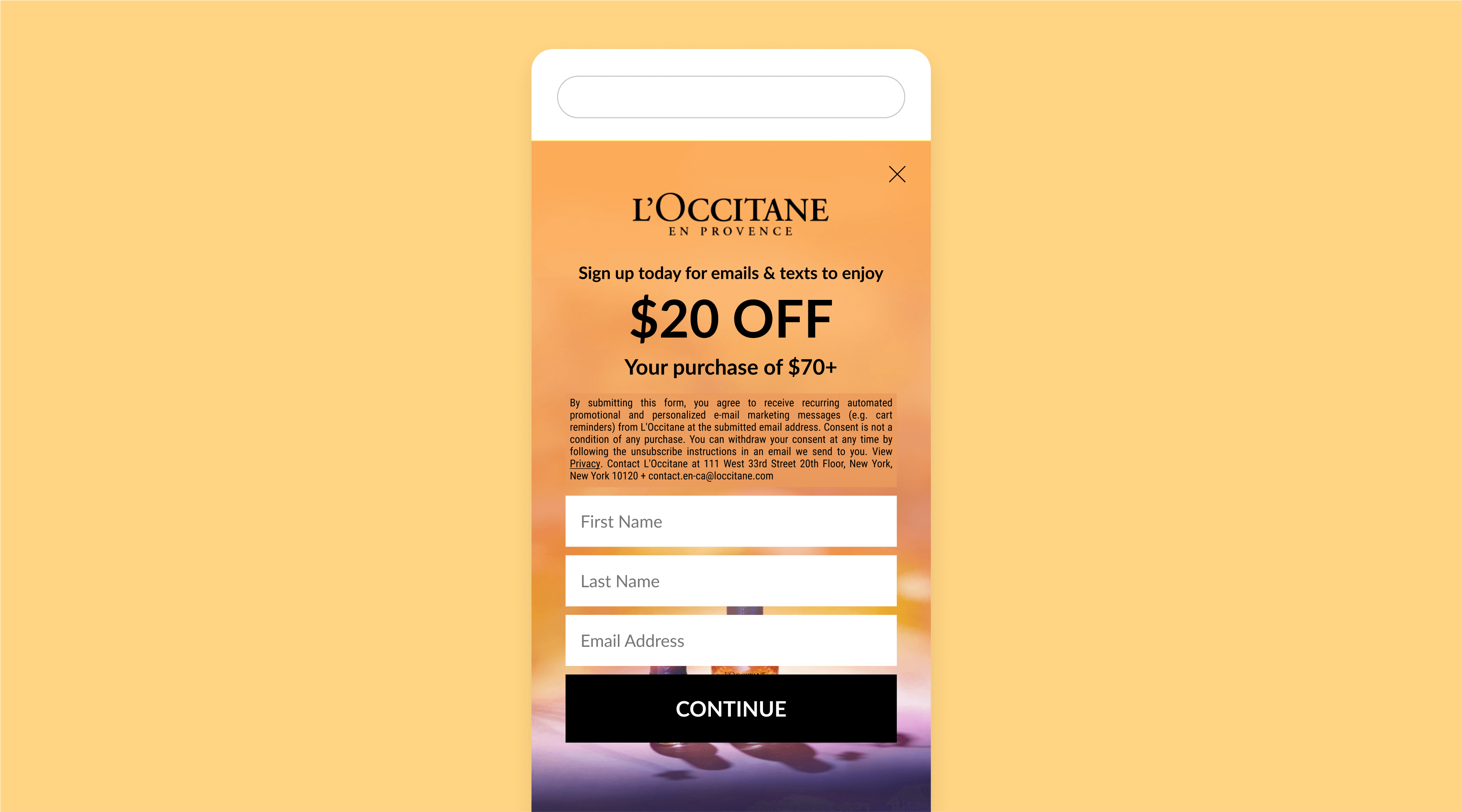 L'Occitane en Provence text message sign-up unit example