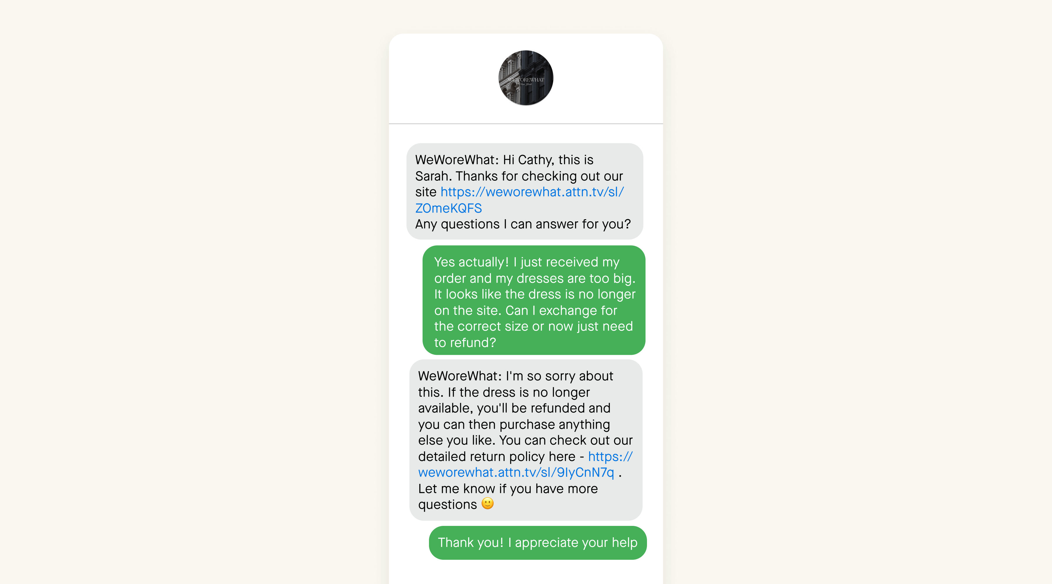 WeWoreWhat two-way SMS conversation