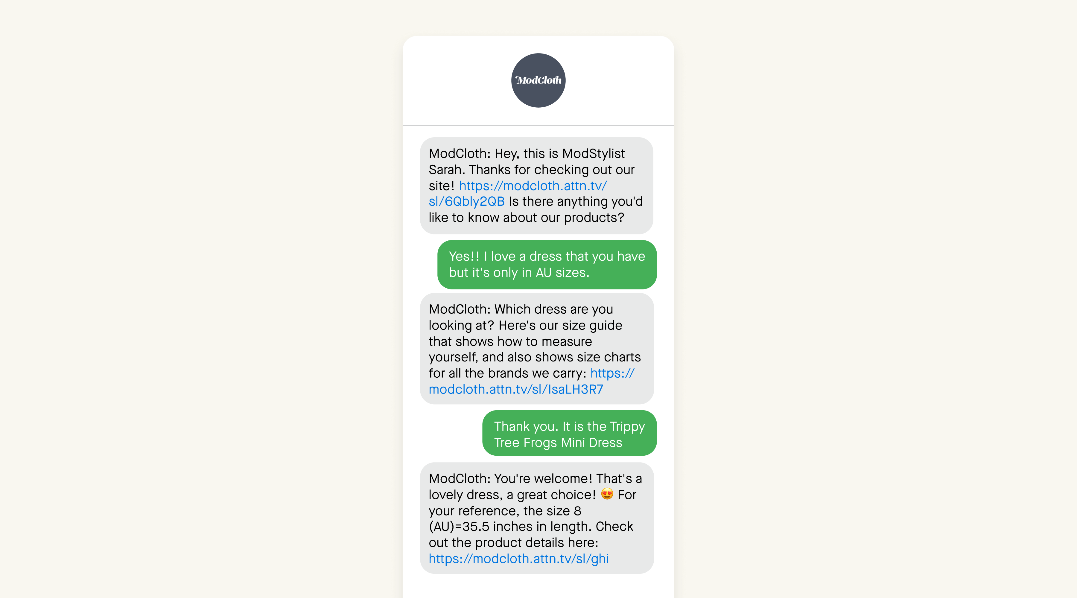 Modcloth two-way SMS conversation