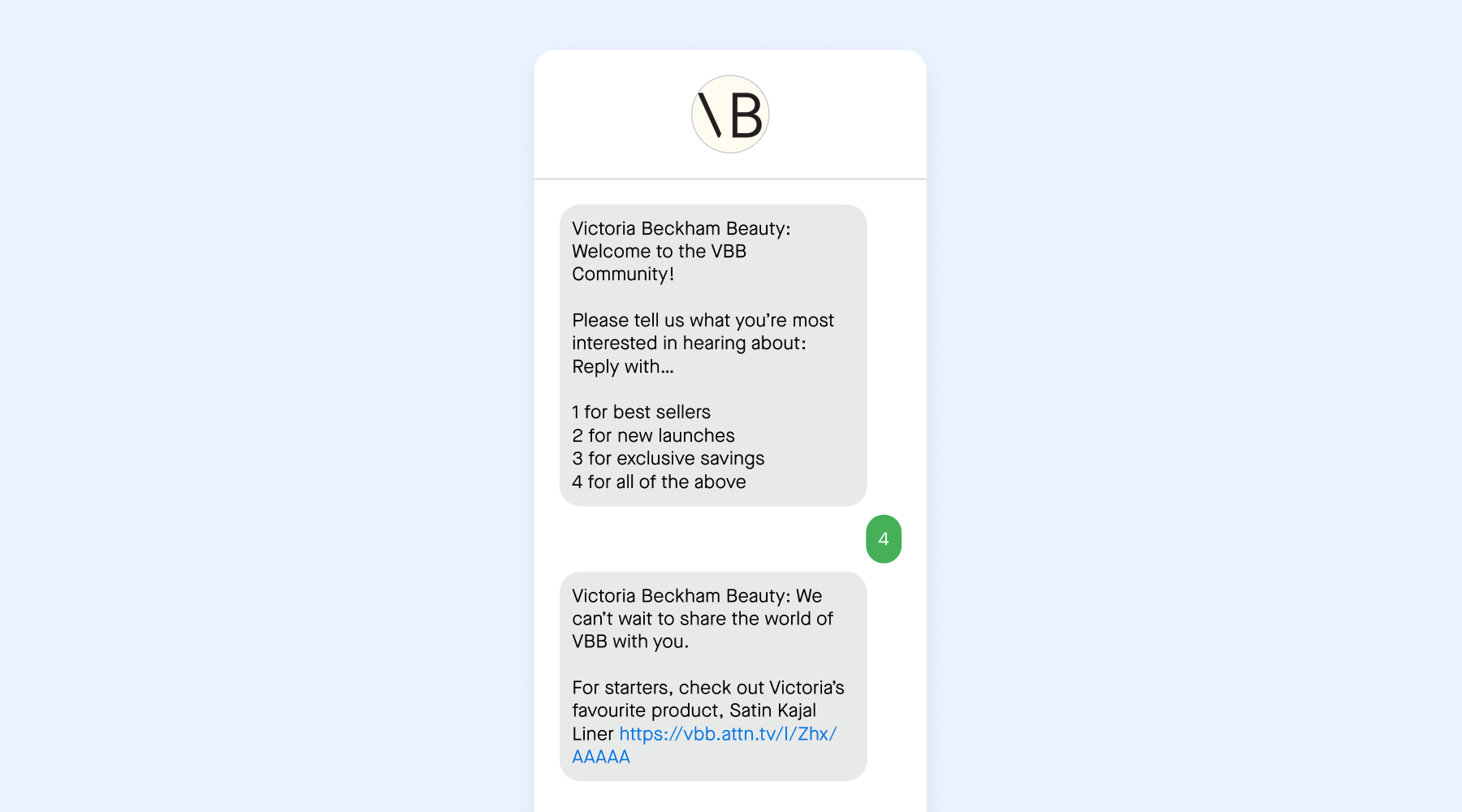 Loyalty-building SMS examples from Victoria Beckham Beauty