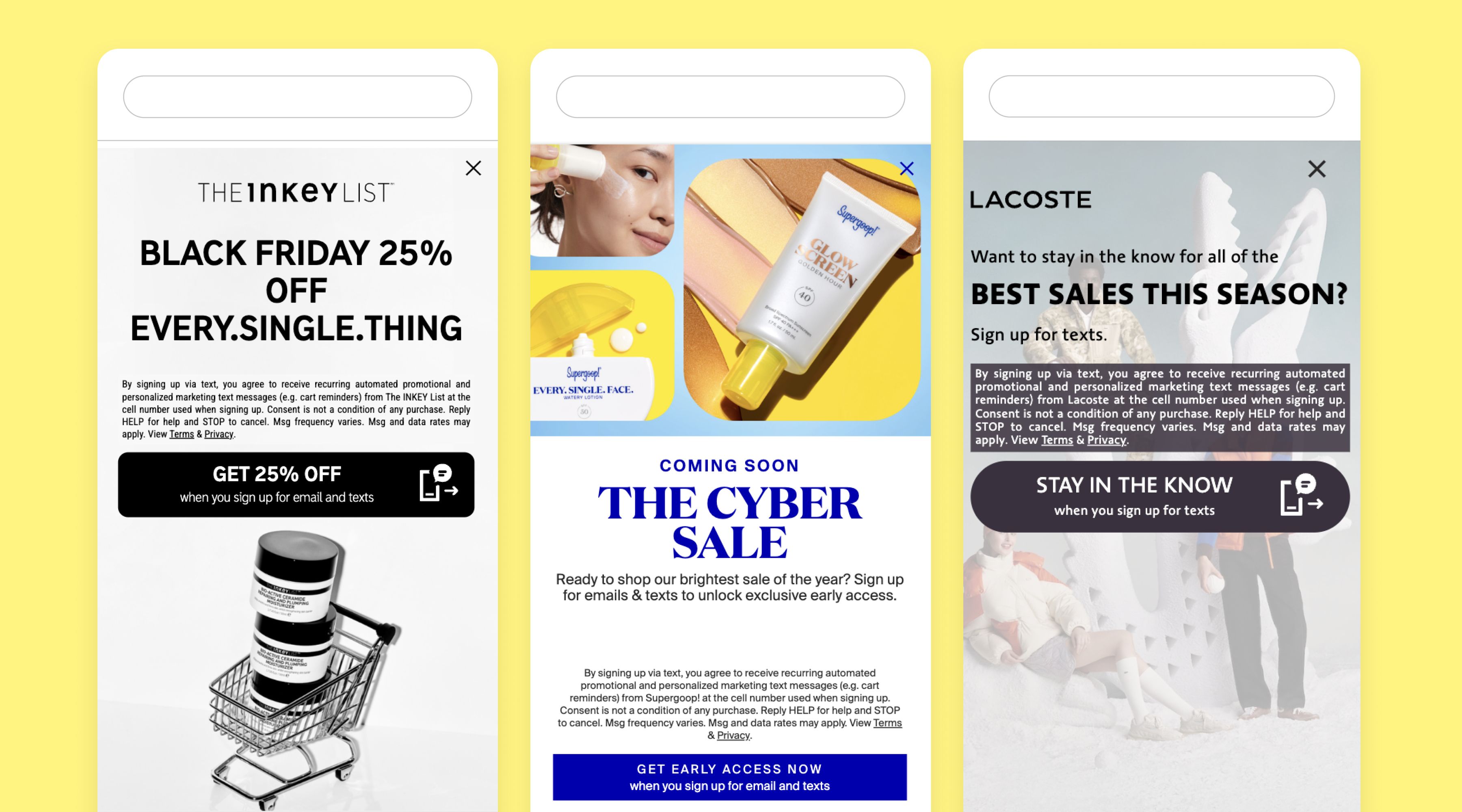 Here are three examples of creative sign up units Attentive brands used during Cyber Week 2024