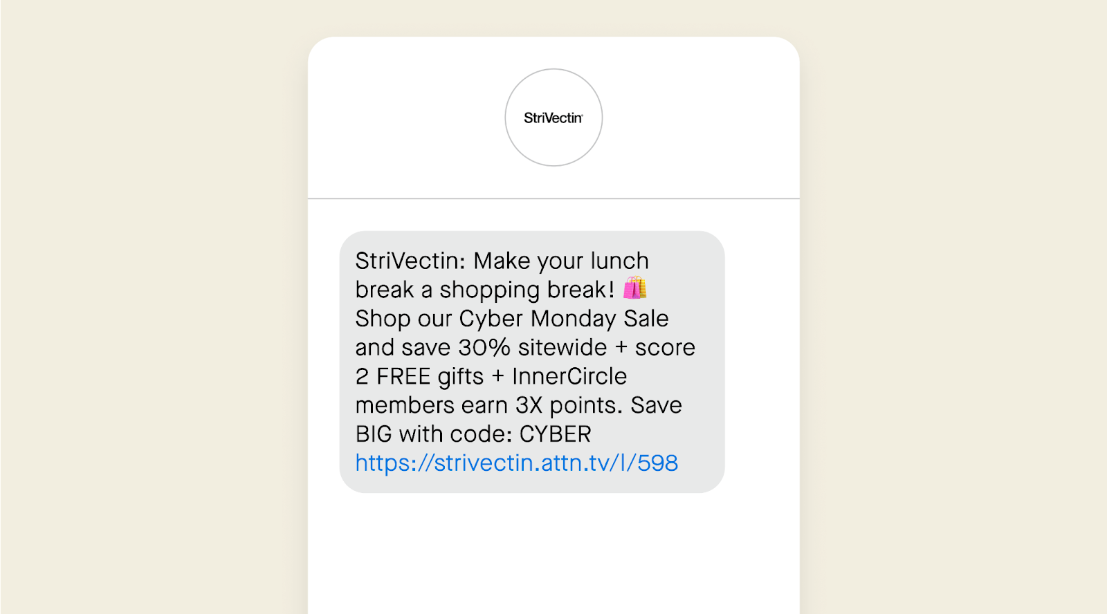 Cyber Monday text message example from StriVectin