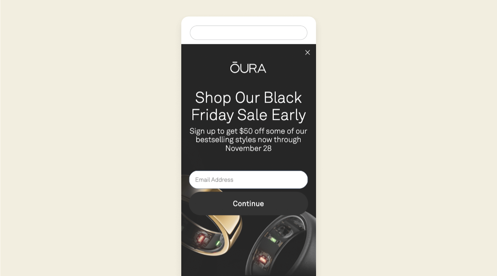 Oura SMS and email sign-up unit on mobile for black friday