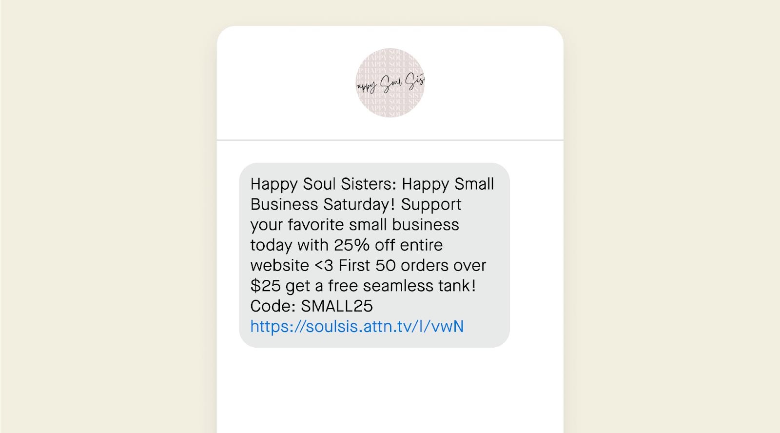 Small Business Saturday text message example from Happy Soul Sisters