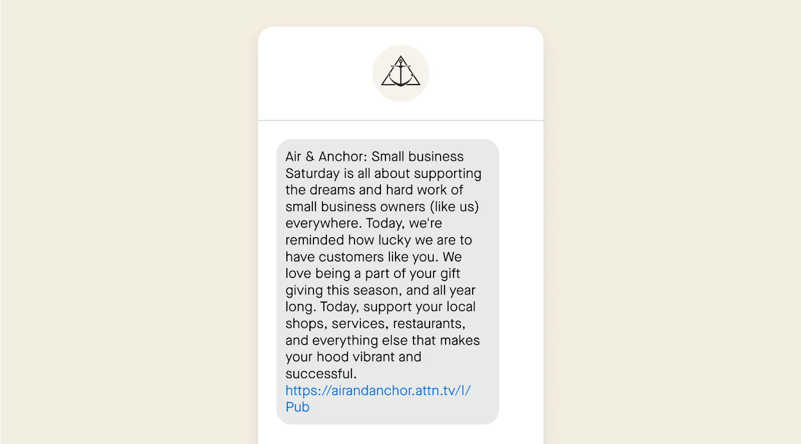 Small Business Saturday text message example from Air & Anchor