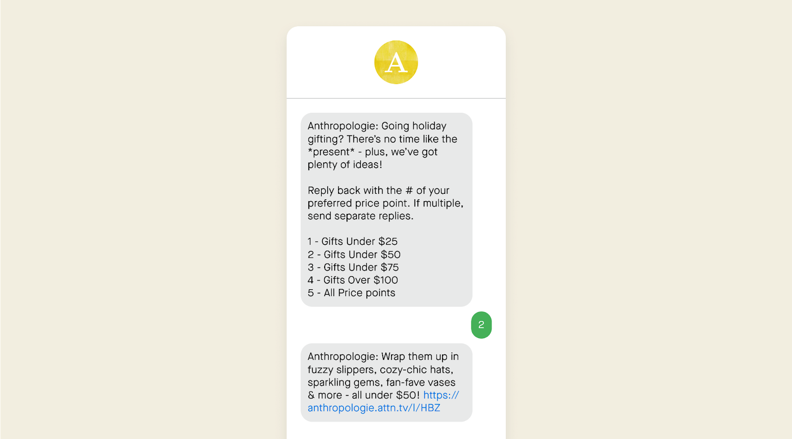 conversational text message example from Anthropologie