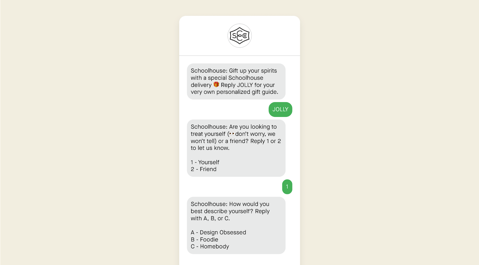 Conversational text message example from Schoolhouse